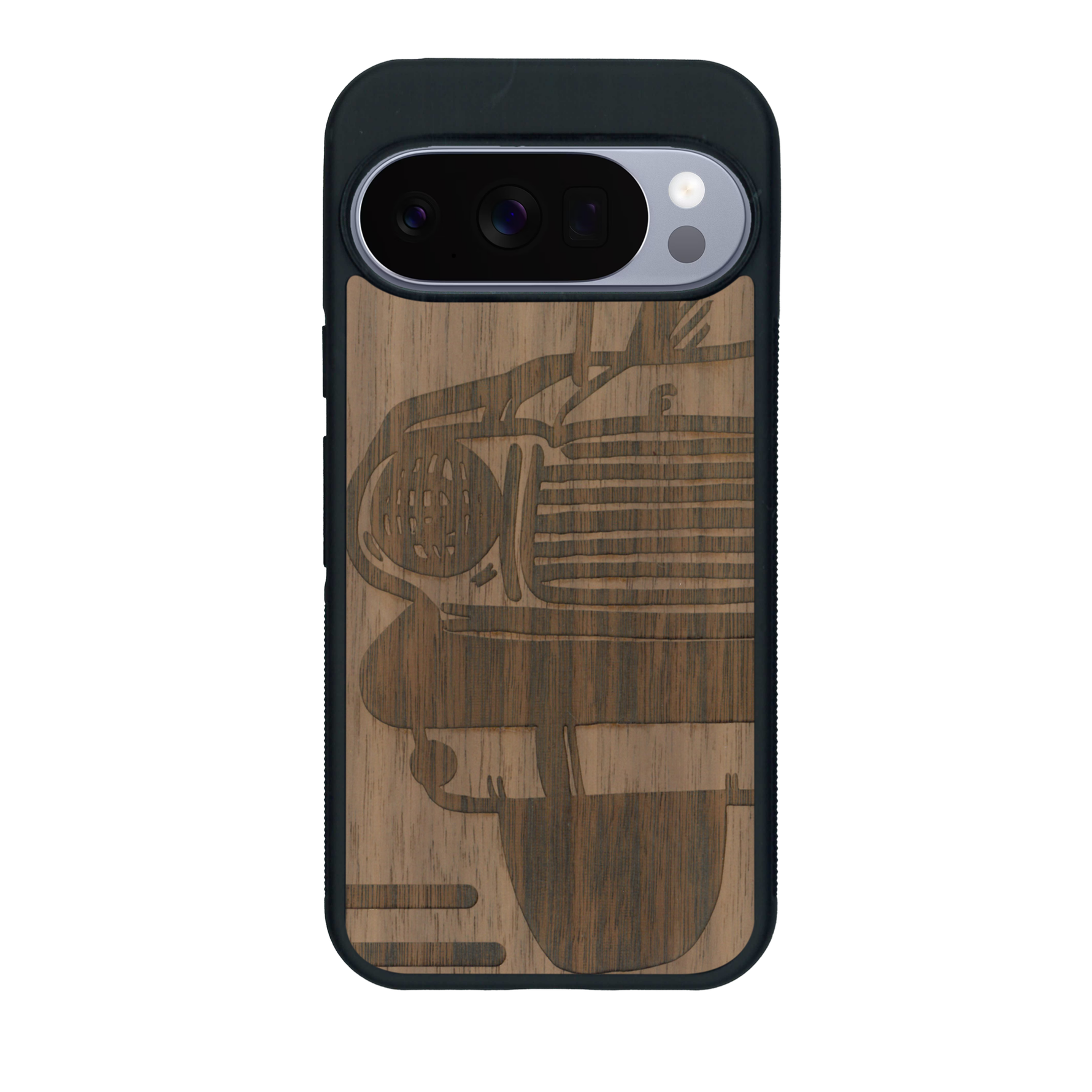Coque de protection en bois véritable fabriquée en France pour Google Pixel 10 sur le thème de l'automobile avec une authentique Mustang