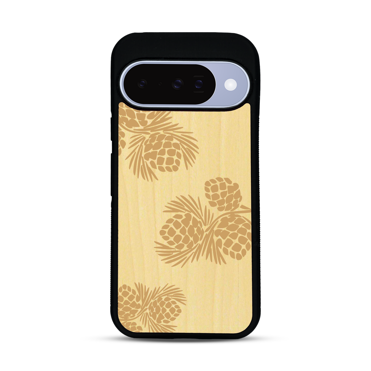 Coque de protection en bois véritable fabriquée en France pour  sur le thème de la nature des arbres avec un motif de gravure représentant des épines de sapin et des pommes de pin