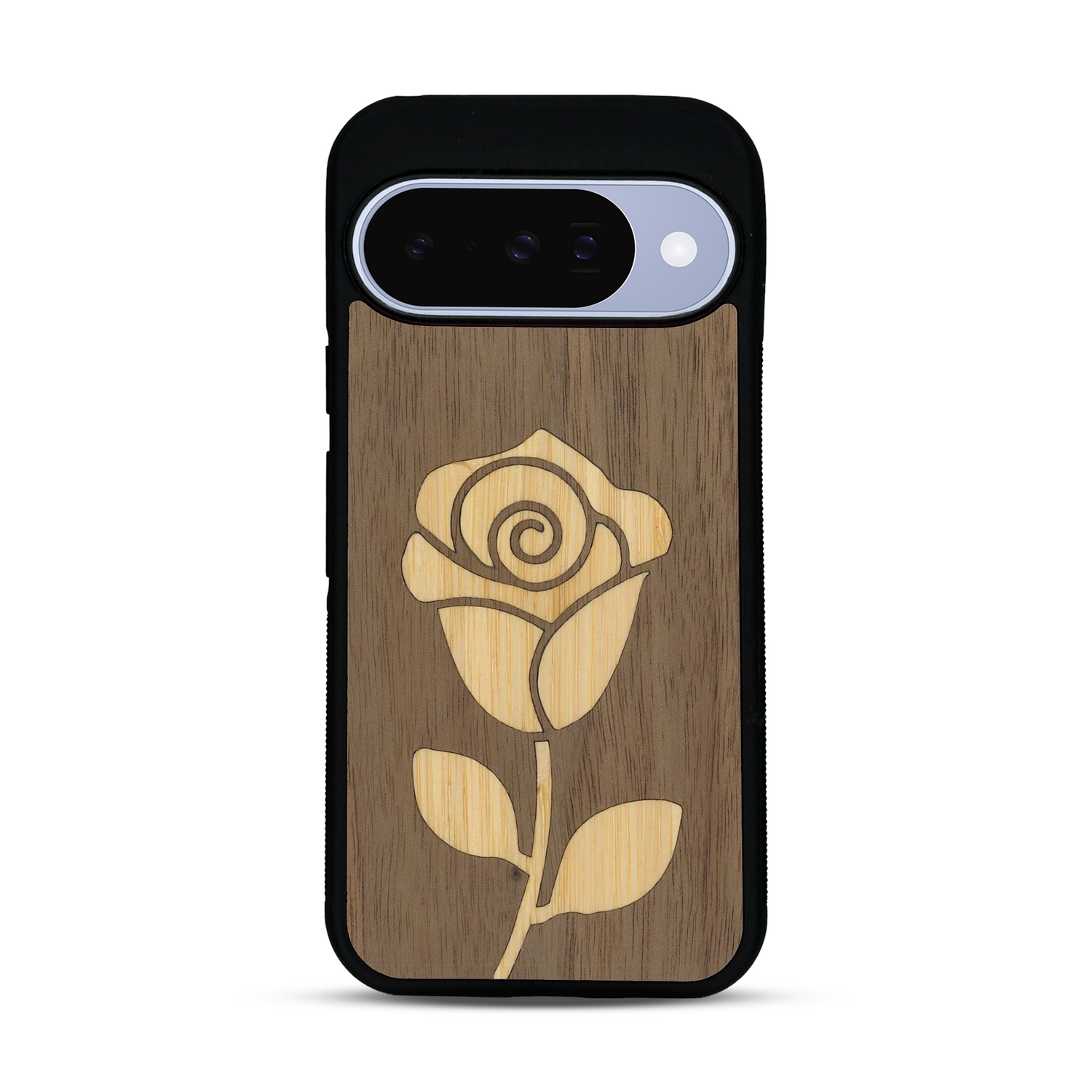 Coque de protection en bois véritable fabriquée en France pour  alliant plusieurs essences de bois pour représenter une rose