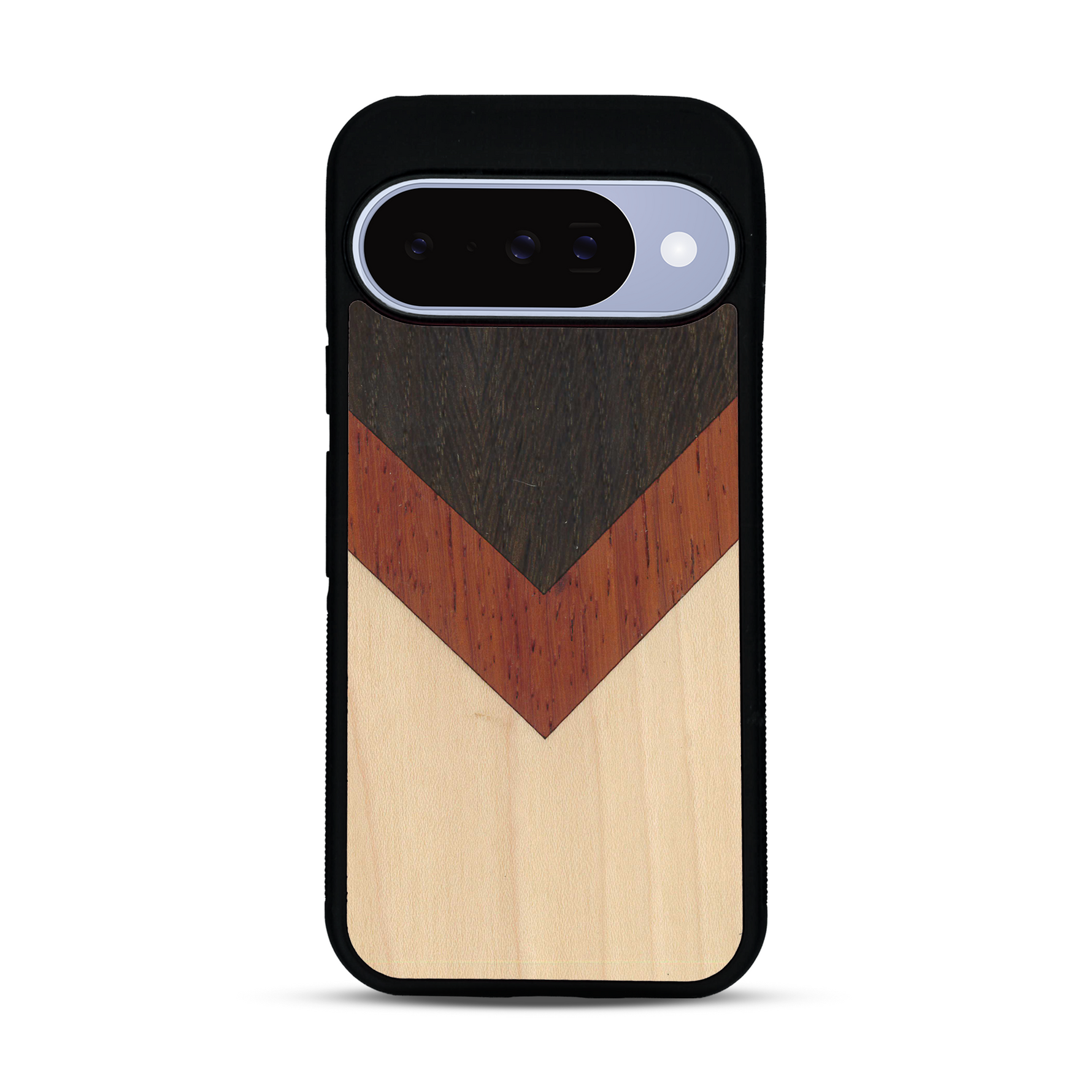 Coque de protection en bois véritable fabriquée en France pour  alliant du chêne fumé, du padouk et du bambou en forme de chevron sur le thème de l'art abstrait