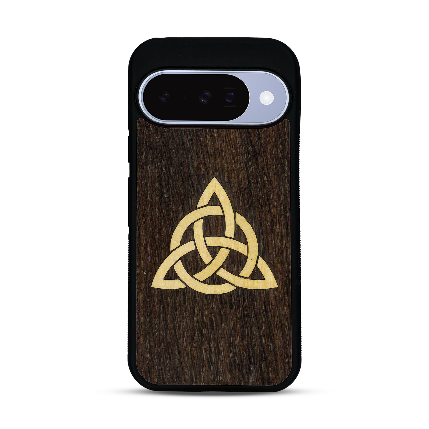 Coque de protection en bois véritable fabriquée en France pour  alliant du chêne fumé et du bambou représentant une triquetra