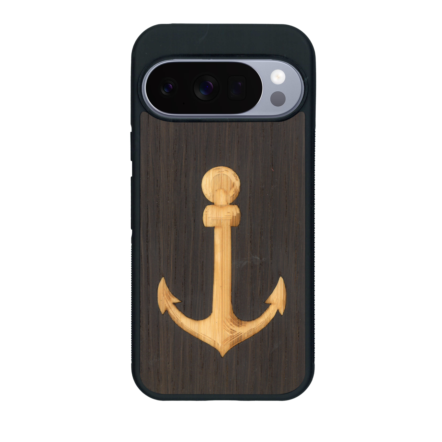 Coque de protection en bois véritable fabriquée en France pour Google Pixel 10 sur le thème nautique avec un bois clair et un bois foncé représentant une ancre de bateau