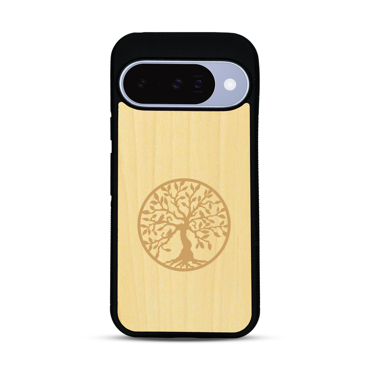 Coque de protection en bois véritable fabriquée en France pour  sur le thème de la spiritualité et du yoga avec une gravure zen représentant un arbre de vie