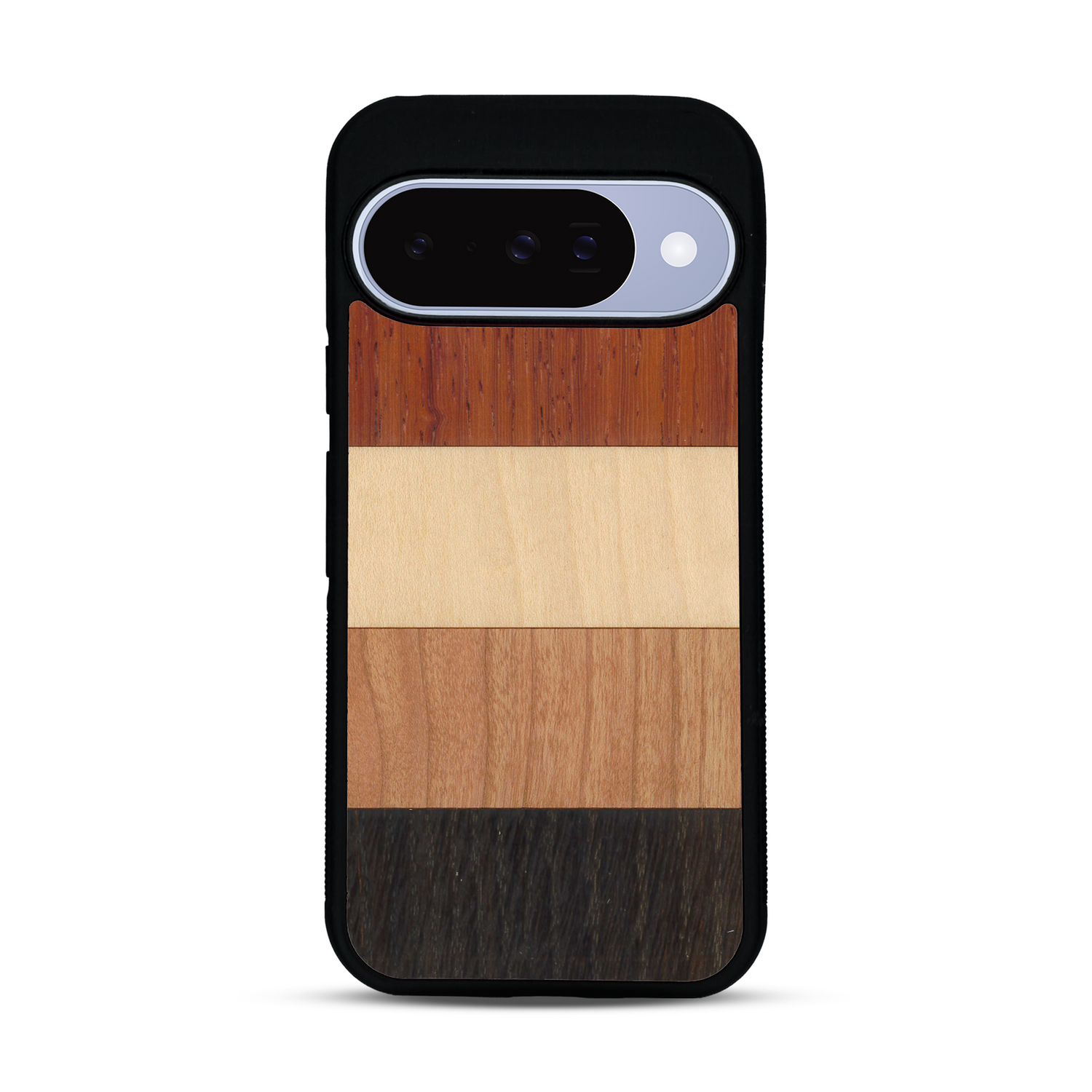 Coque de protection en bois véritable fabriquée en France pour  alliant des bandes horizontales de bambou, merisier, padouk, noyer et chêne fumé
