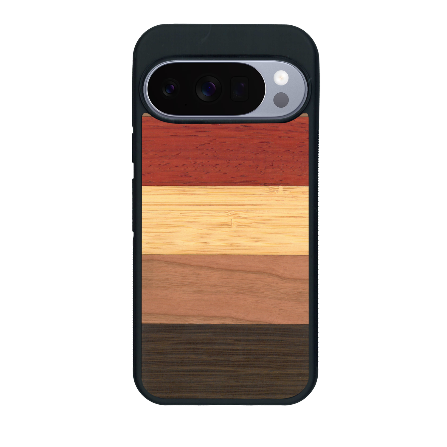 Coque de protection en bois véritable fabriquée en France pour Google Pixel 10 alliant des bandes horizontales de bambou, merisier, padouk, noyer et chêne fumé
