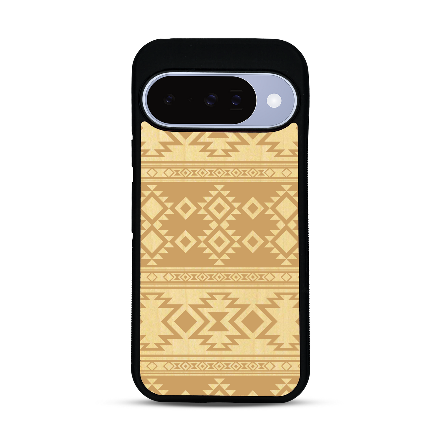 Coque de protection en bois véritable fabriquée en France pour  avec des motifs géométriques s'inspirant des temples aztèques, mayas et incas