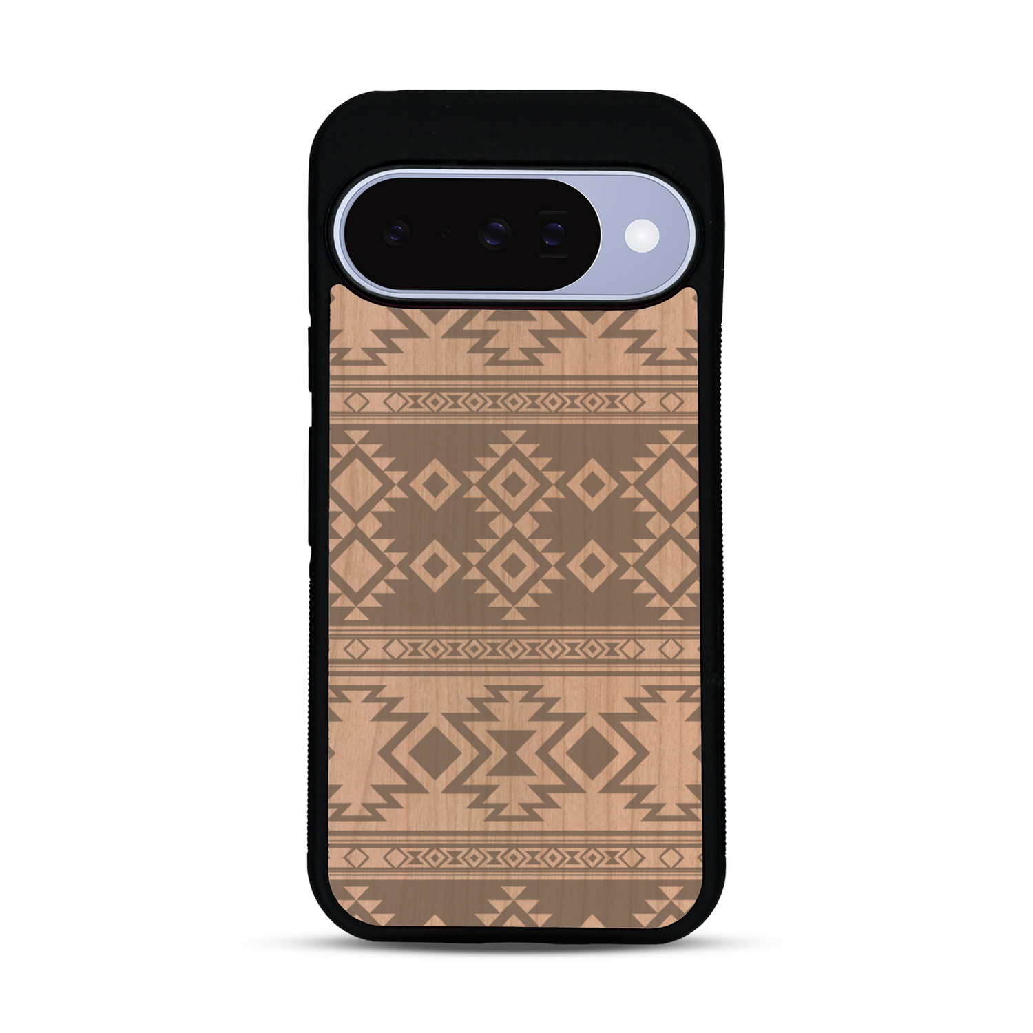Coque de protection en bois véritable fabriquée en France pour  avec des motifs géométriques s'inspirant des temples aztèques, mayas et incas