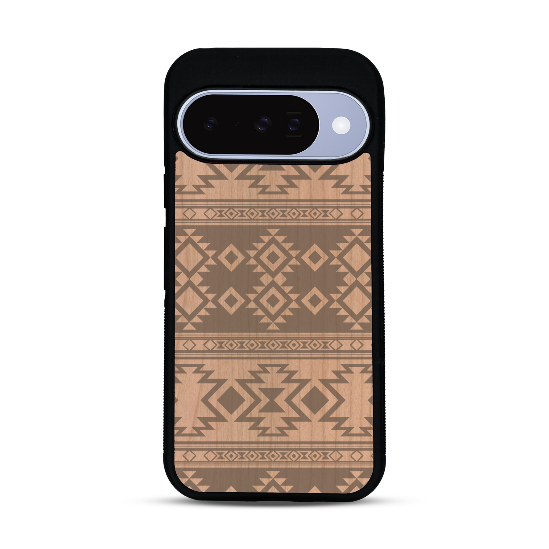 Coque de protection en bois véritable fabriquée en France pour  avec des motifs géométriques s'inspirant des temples aztèques, mayas et incas