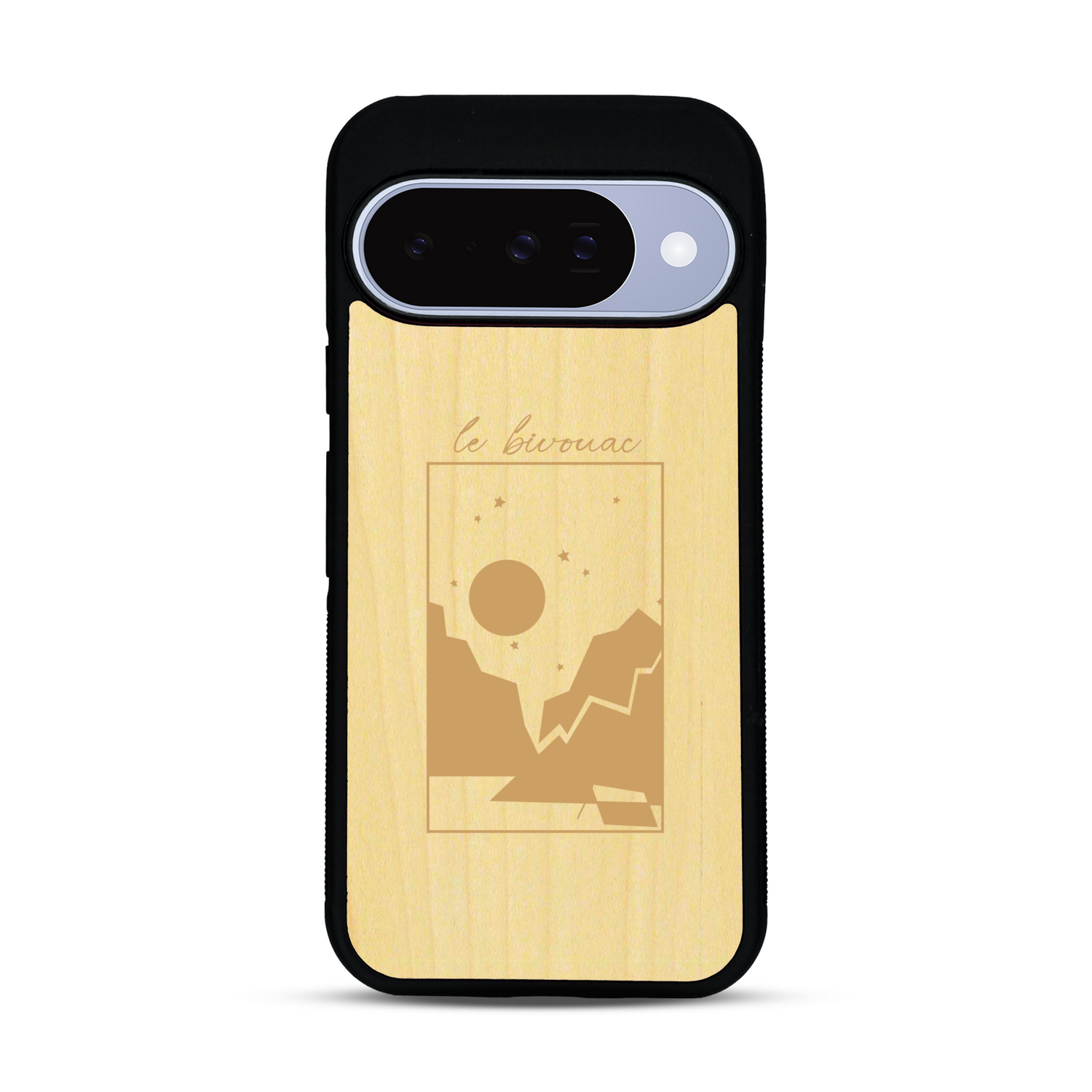 Coque de protection en bois véritable fabriquée en France pour  sur le thème du camping en pleine nature et du bivouac avec la phrase "Aventure is out there"