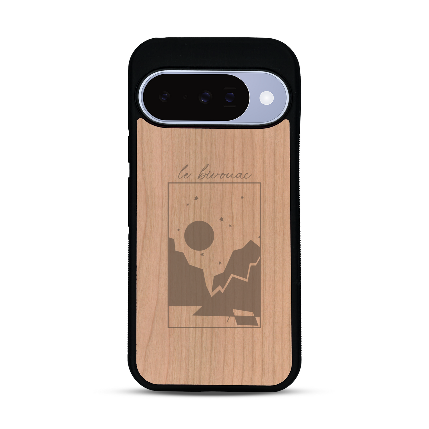 Coque de protection en bois véritable fabriquée en France pour  sur le thème du camping en pleine nature et du bivouac avec la phrase "Aventure is out there"