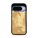 Coque de protection en bois véritable fabriquée en France pour  sur le thème du camping en pleine nature représentant une tente avec un feu de camp entouré de montagnes