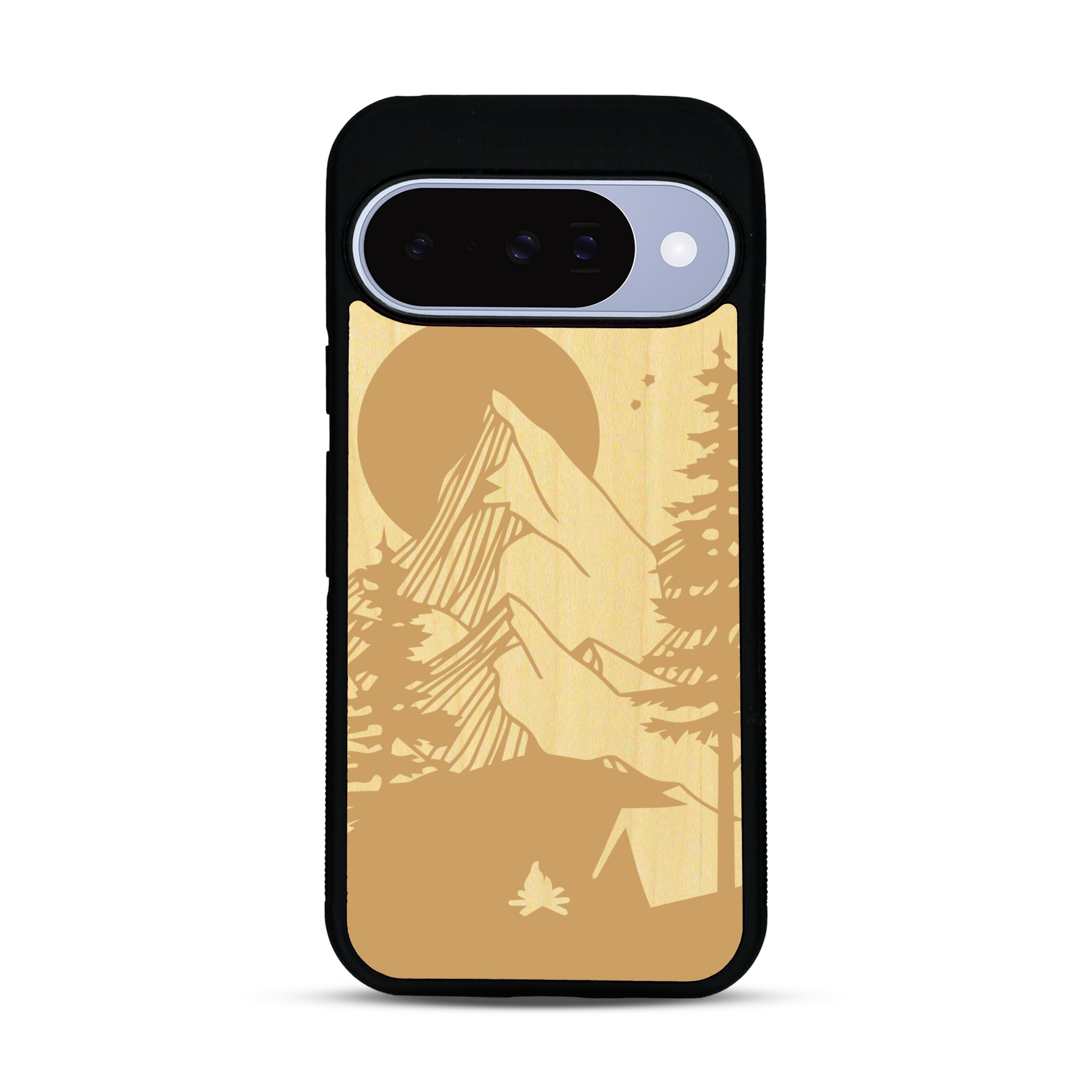Coque de protection en bois véritable fabriquée en France pour  sur le thème du camping en pleine nature représentant une tente avec un feu de camp entouré de montagnes