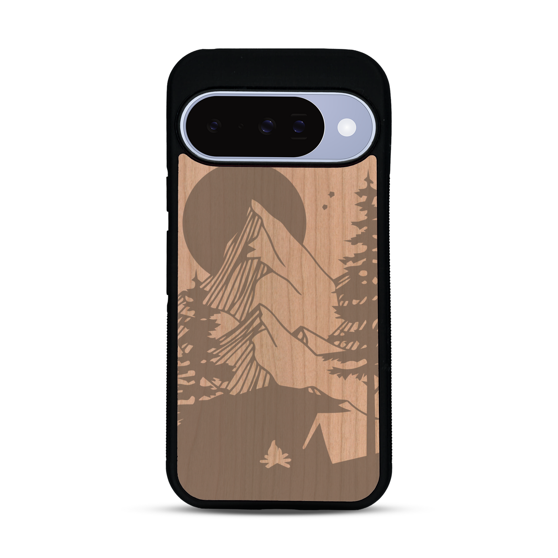Coque de protection en bois véritable fabriquée en France pour  sur le thème du camping en pleine nature représentant une tente avec un feu de camp entouré de montagnes
