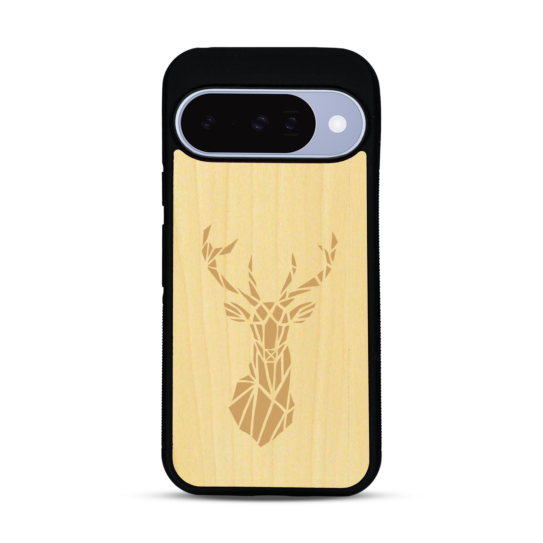 Coque de protection en bois véritable fabriquée en France pour  sur le thème de la nature et des animaux représentant une tête de cerf gométrique avec un design moderne et minimaliste