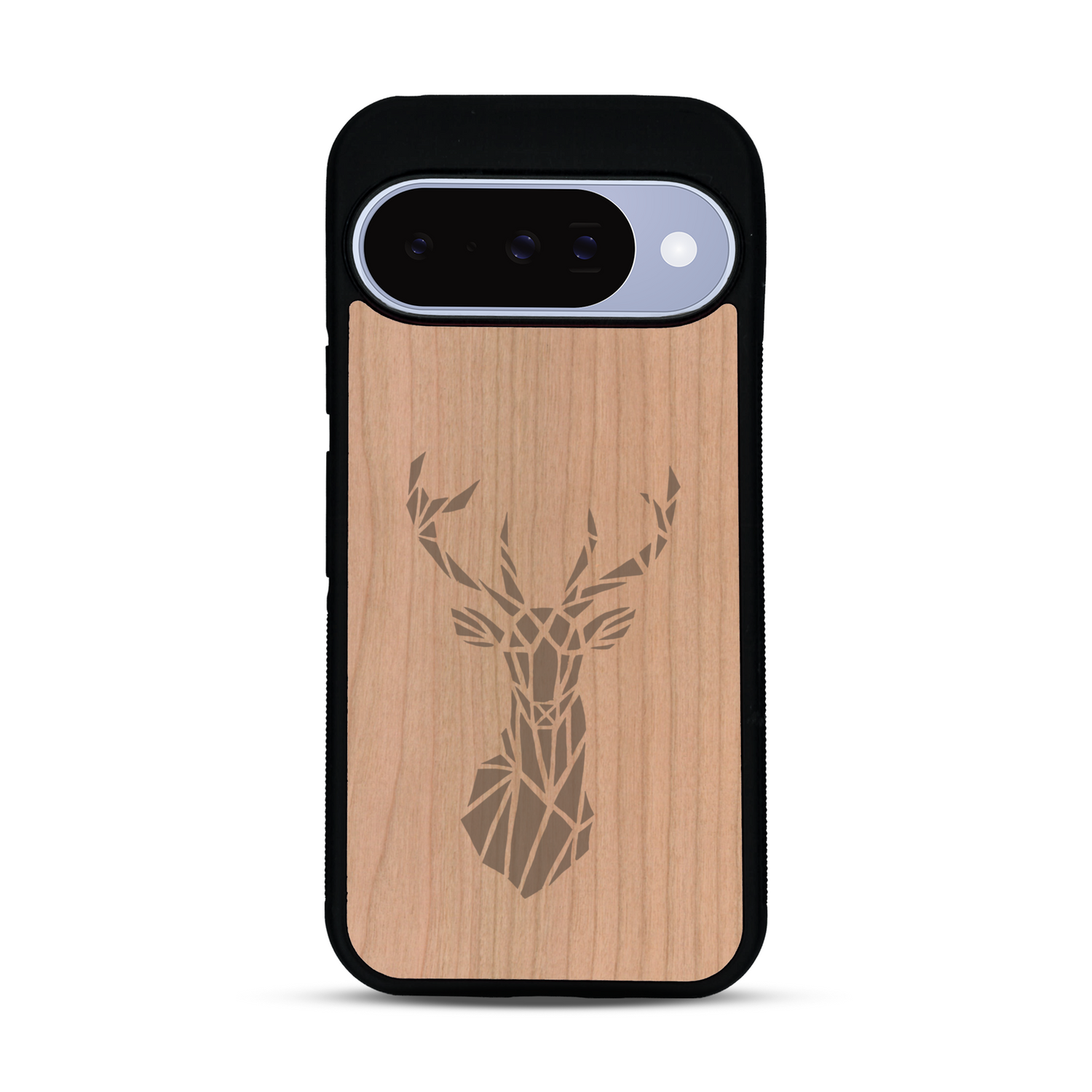 Coque de protection en bois véritable fabriquée en France pour  sur le thème de la nature et des animaux représentant une tête de cerf gométrique avec un design moderne et minimaliste
