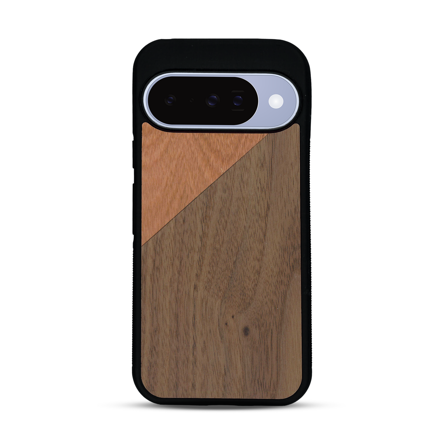 Coque de protection en bois véritable fabriquée en France pour  alliant du merisier et du noyer formant chacun un triangle avec une jointure en diagonale sur le thème de l'art abstrait