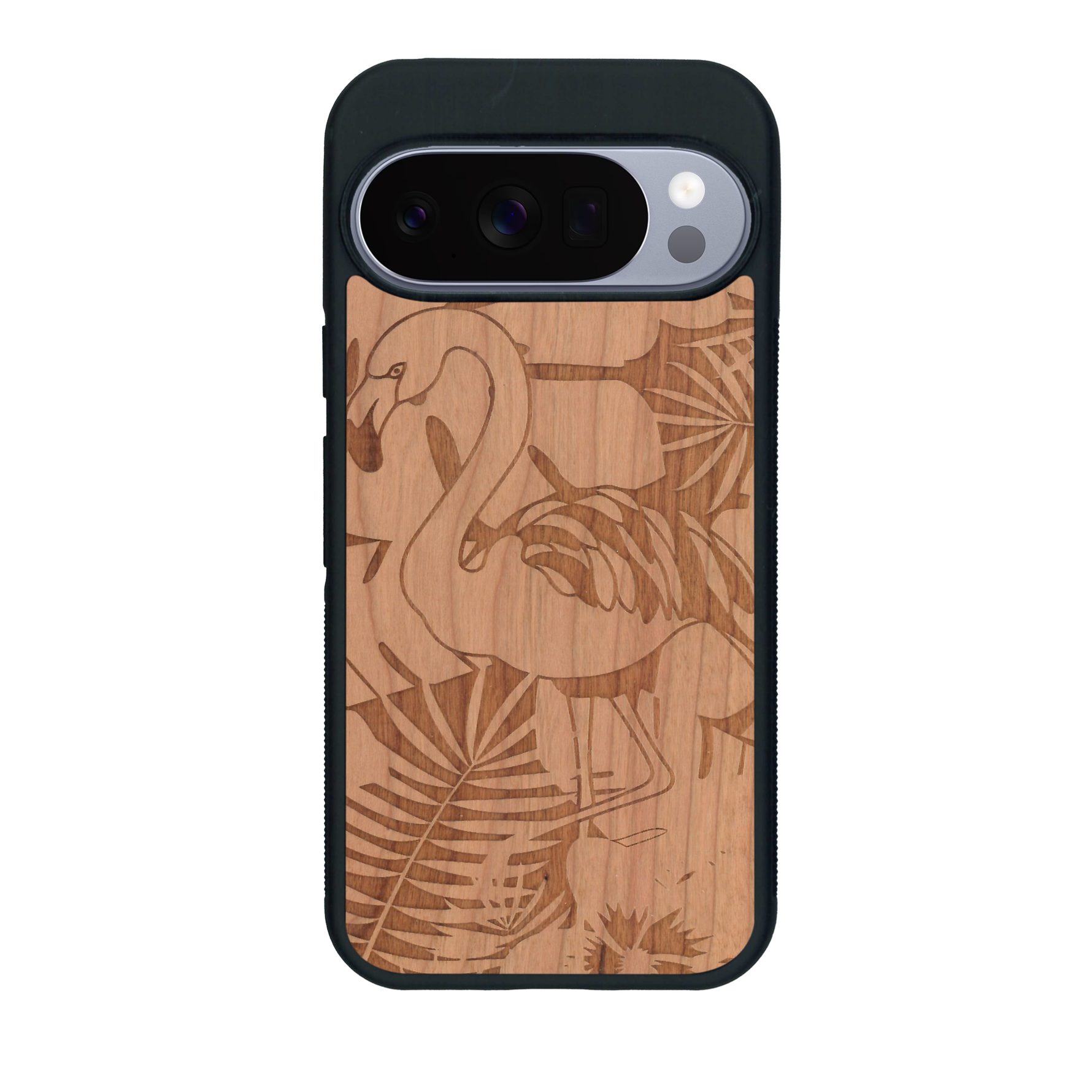 Coque de protection en bois véritable fabriquée en France pour Google Pixel 10 sur le thème de la nature et des animaux représentant un flamant rose entre des fougères