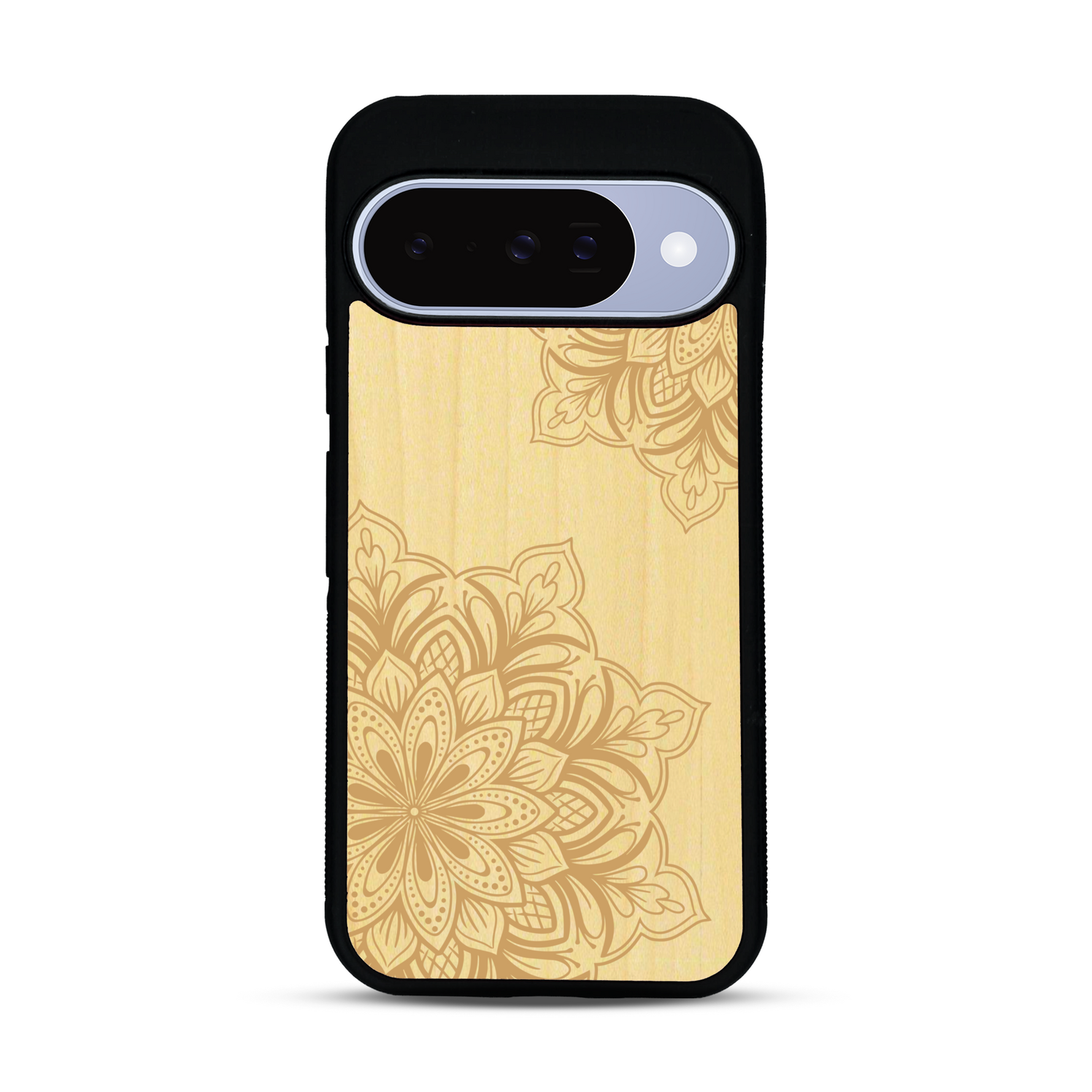 Coque de protection en bois véritable fabriquée en France pour  sur le thème de la bohème et du tatouage au henné avec une gravure représentant un mandala