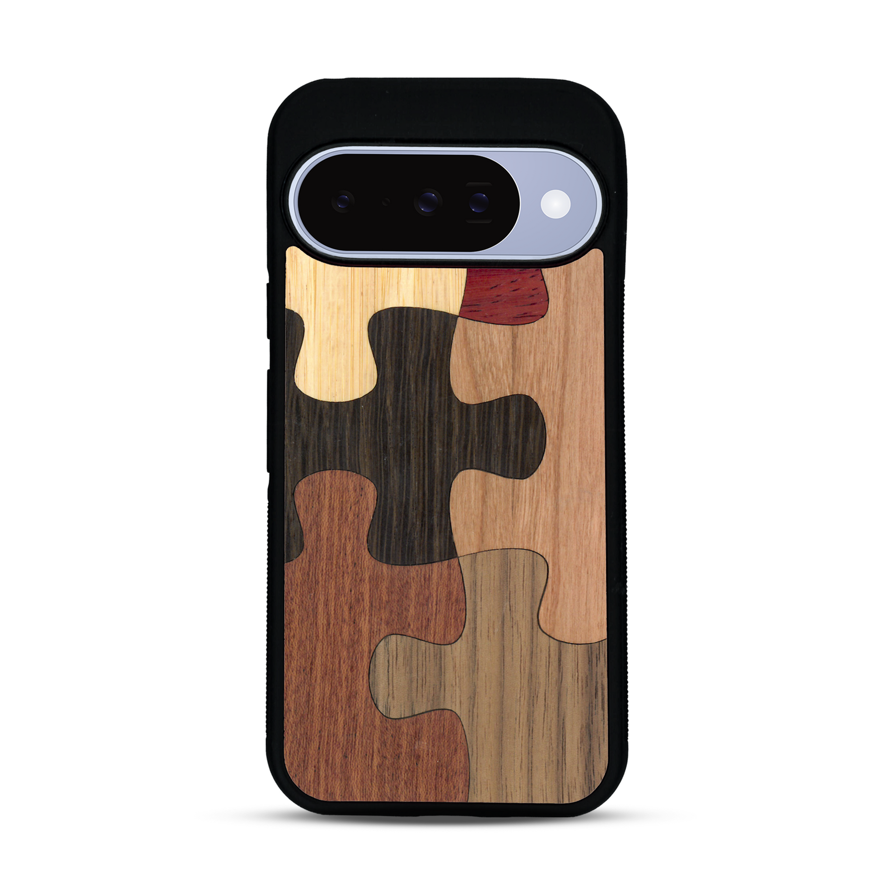 Coque de protection en bois véritable fabriquée en France pour  représentant un puzzle en six pièces qui allie du chêne fumé, du noyer, du bambou, du padouk, du merisier et de l'acajou