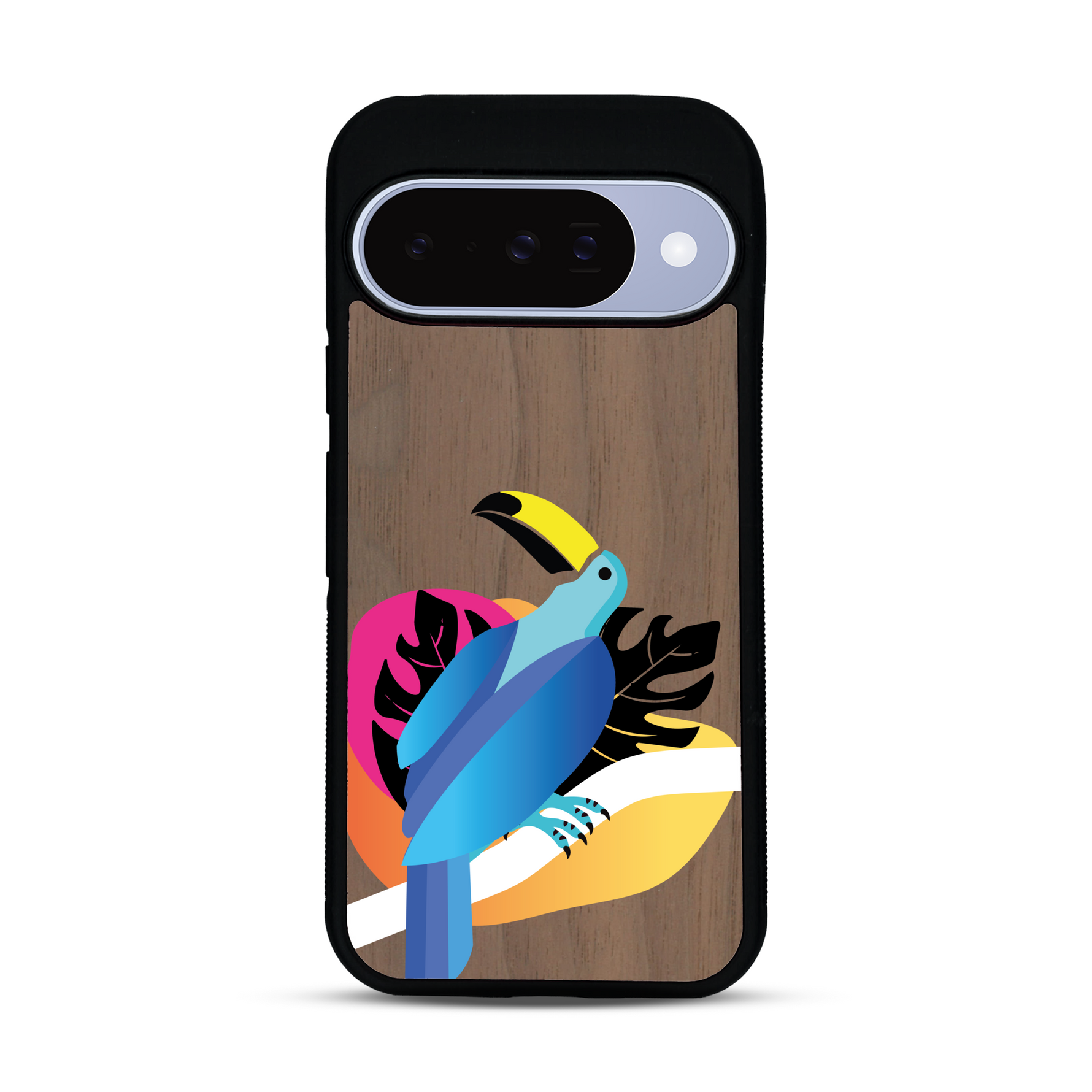 Coque de protection en bois véritable fabriquée en France pour Google Pixel 10 représentant un toucan coloré avec un design moderne et minimaliste sur le thème de la jungle et de la nature