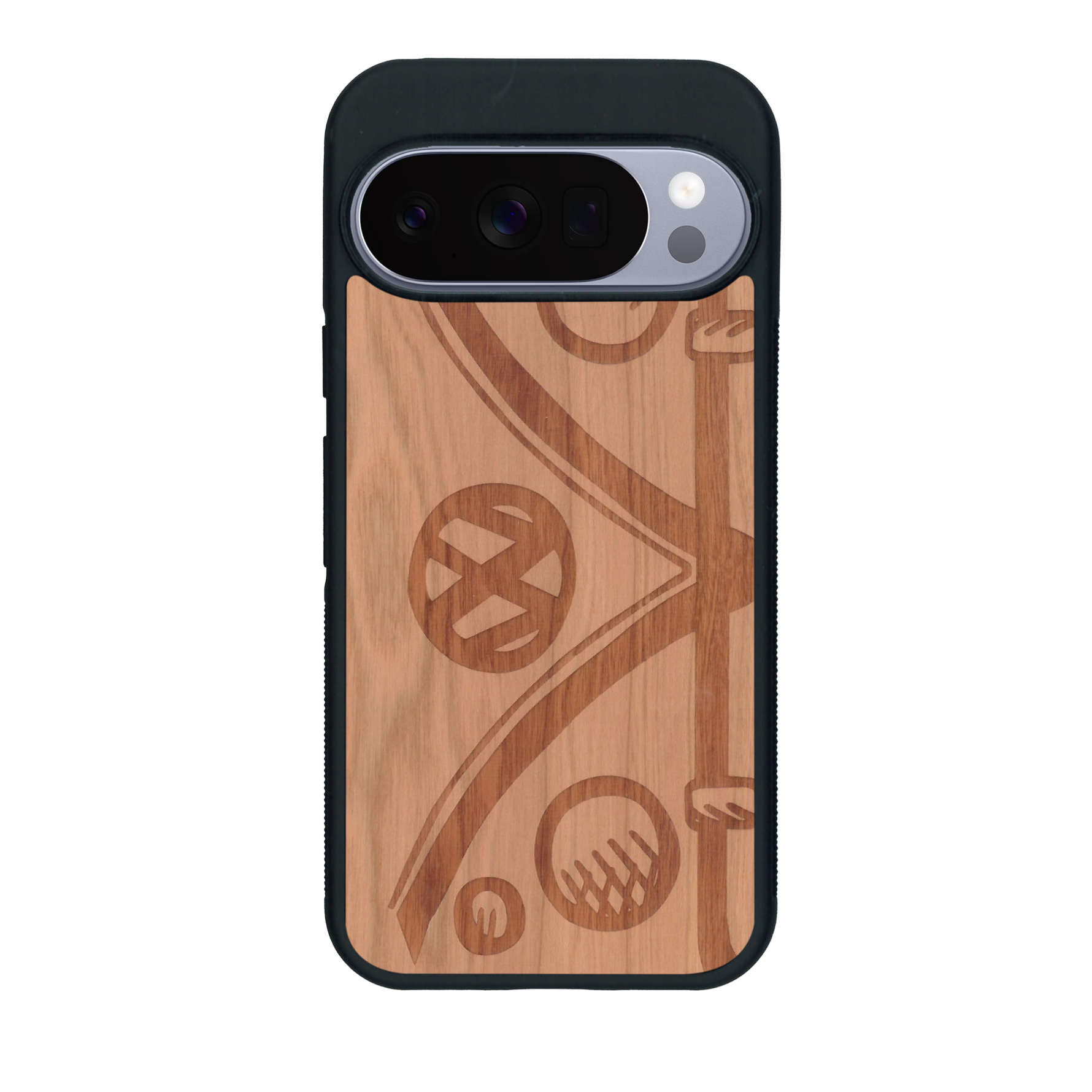 Coque de protection en bois véritable fabriquée en France pour Google Pixel 10 sur le thème de l'automobile avec un van combi
