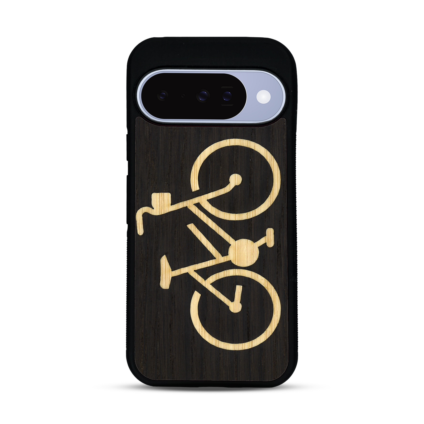 Coque de protection en bois véritable fabriquée en France pour  sur le theme du vélo et de l'outdoor qui allie du bambou et du chêne fumé représentant un vélo