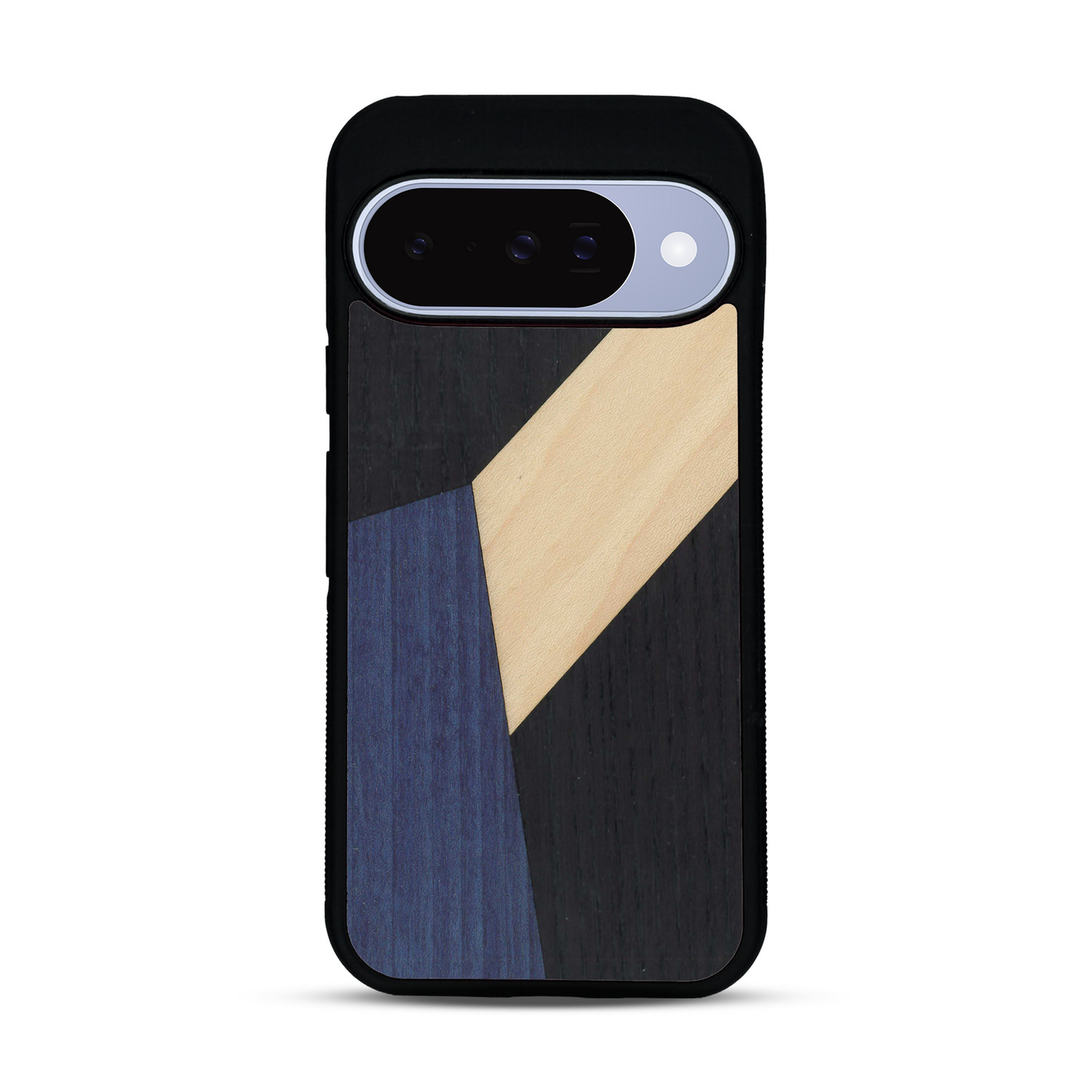 Coque de protection en bois véritable fabriquée en France pour  alliant du bambou, du tulipier bleu et noir en forme de mosaïque minimaliste sur le thème de l'art abstrait