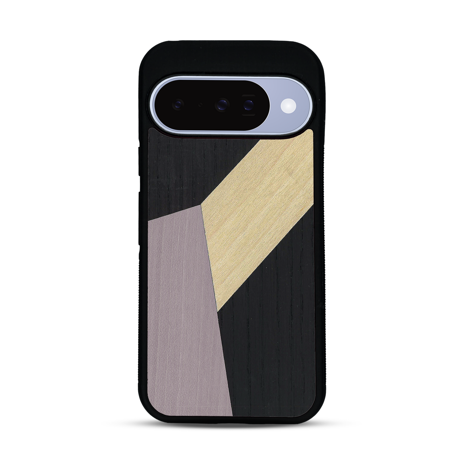 Coque de protection en bois véritable fabriquée en France pour  alliant du bambou, du tulipier mauve et noir en forme de mosaïque minimaliste sur le thème de l'art abstrait