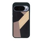 Coque de protection en bois véritable fabriquée en France pour Google Pixel 10 alliant du bambou, du tulipier mauve et noir en forme de mosaïque minimaliste sur le thème de l'art abstrait