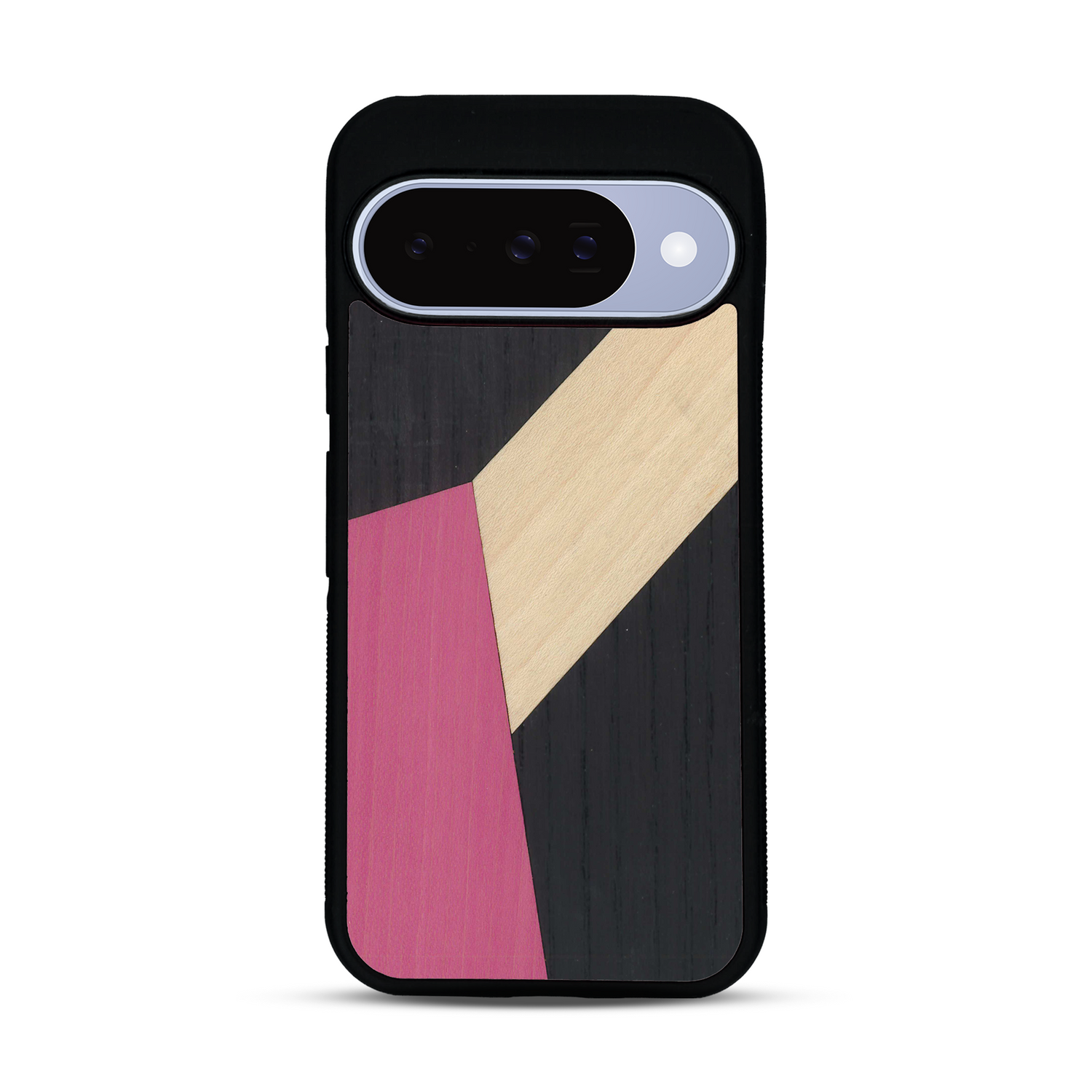 Coque de protection en bois véritable fabriquée en France pour  alliant du bambou, du tulipier rose et noir en forme de mosaïque minimaliste sur le thème de l'art abstrait