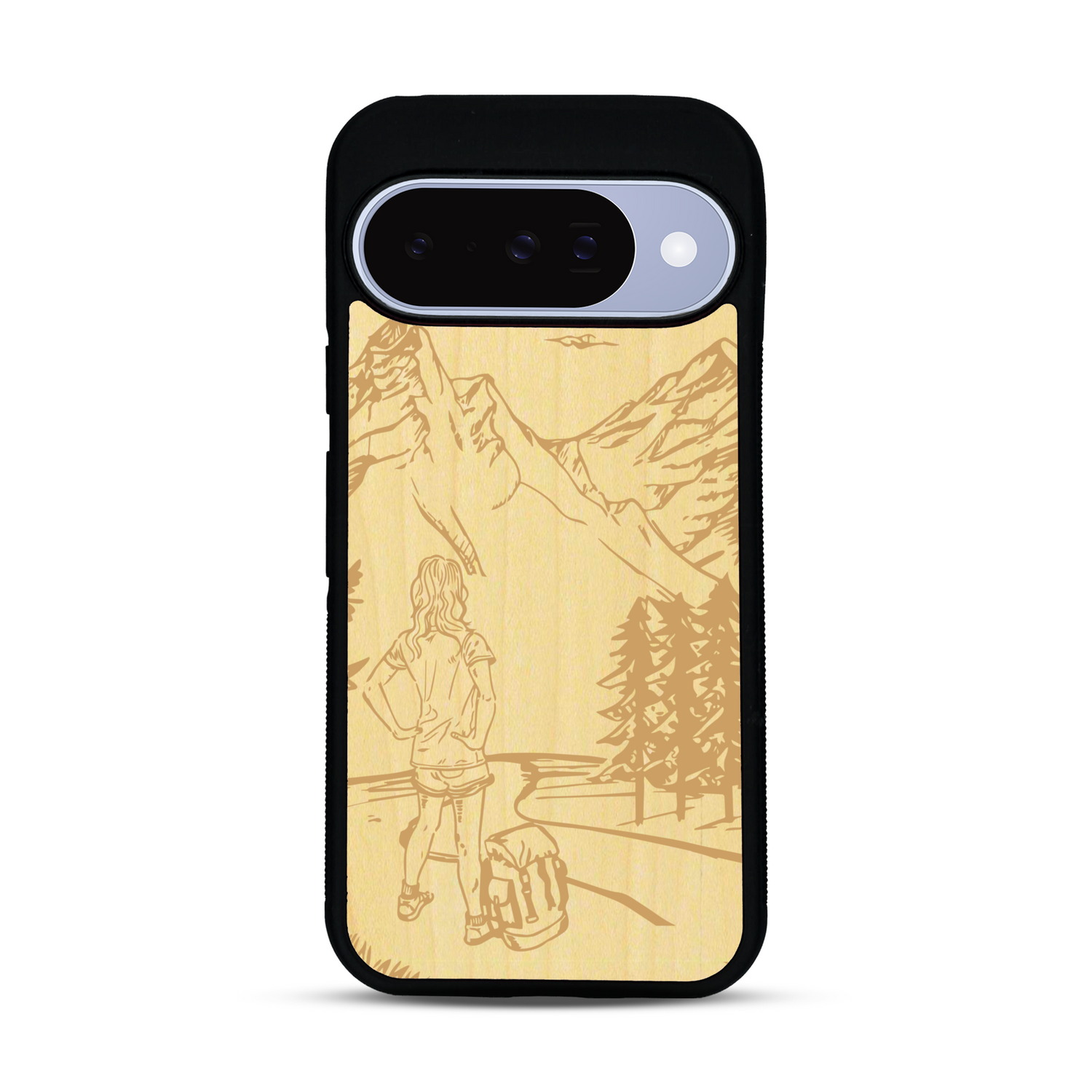 Coque de protection en bois véritable fabriquée en France pour  sur le thème de la randonnée en montagne et de l'aventure avec une gravure représentant une femme de dos face à un paysage de nature