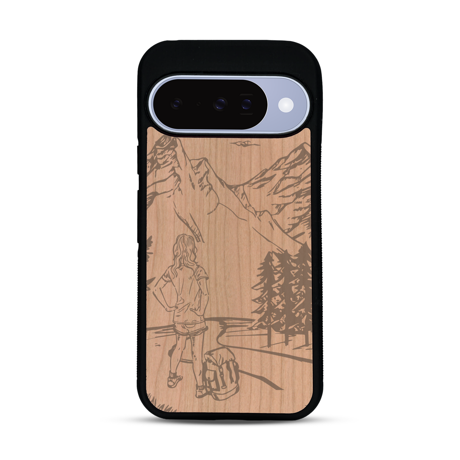 Coque de protection en bois véritable fabriquée en France pour  sur le thème de la randonnée en montagne et de l'aventure avec une gravure représentant une femme de dos face à un paysage de nature