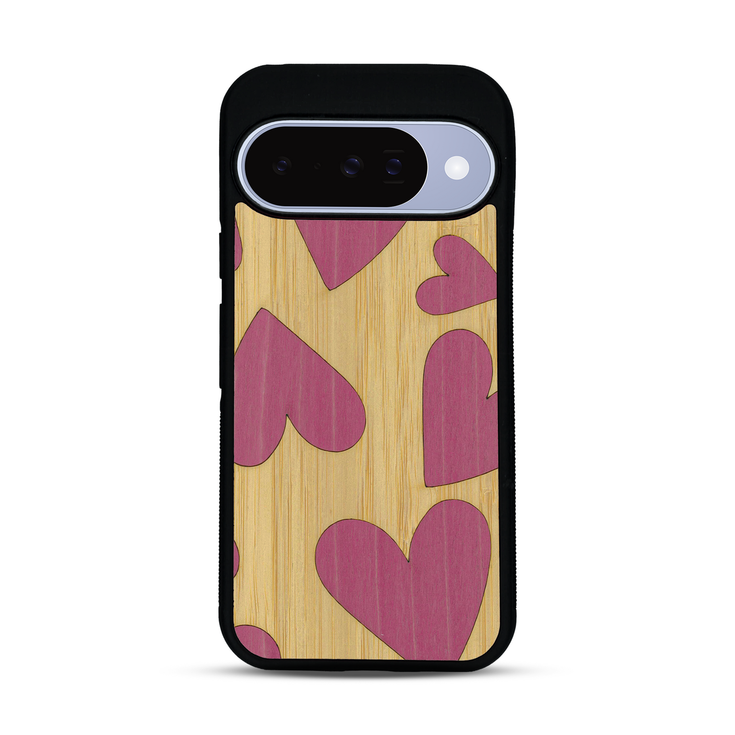 Coque de protection en bois véritable fabriquée en France pour  alliant plusieurs essences de bois pour représenter des coeurs pour les amoureux