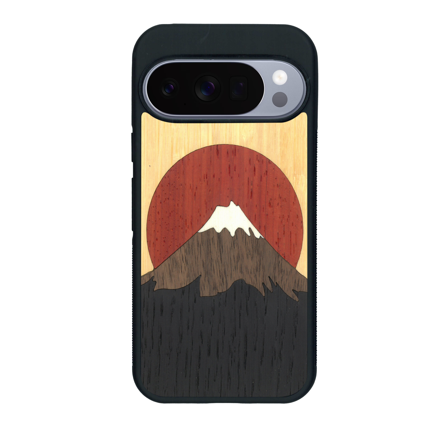 Coque de protection en bois véritable fabriquée en France pour Google Pixel 10 alliant plusieurs essences de bois pour représenter le mont Fuji