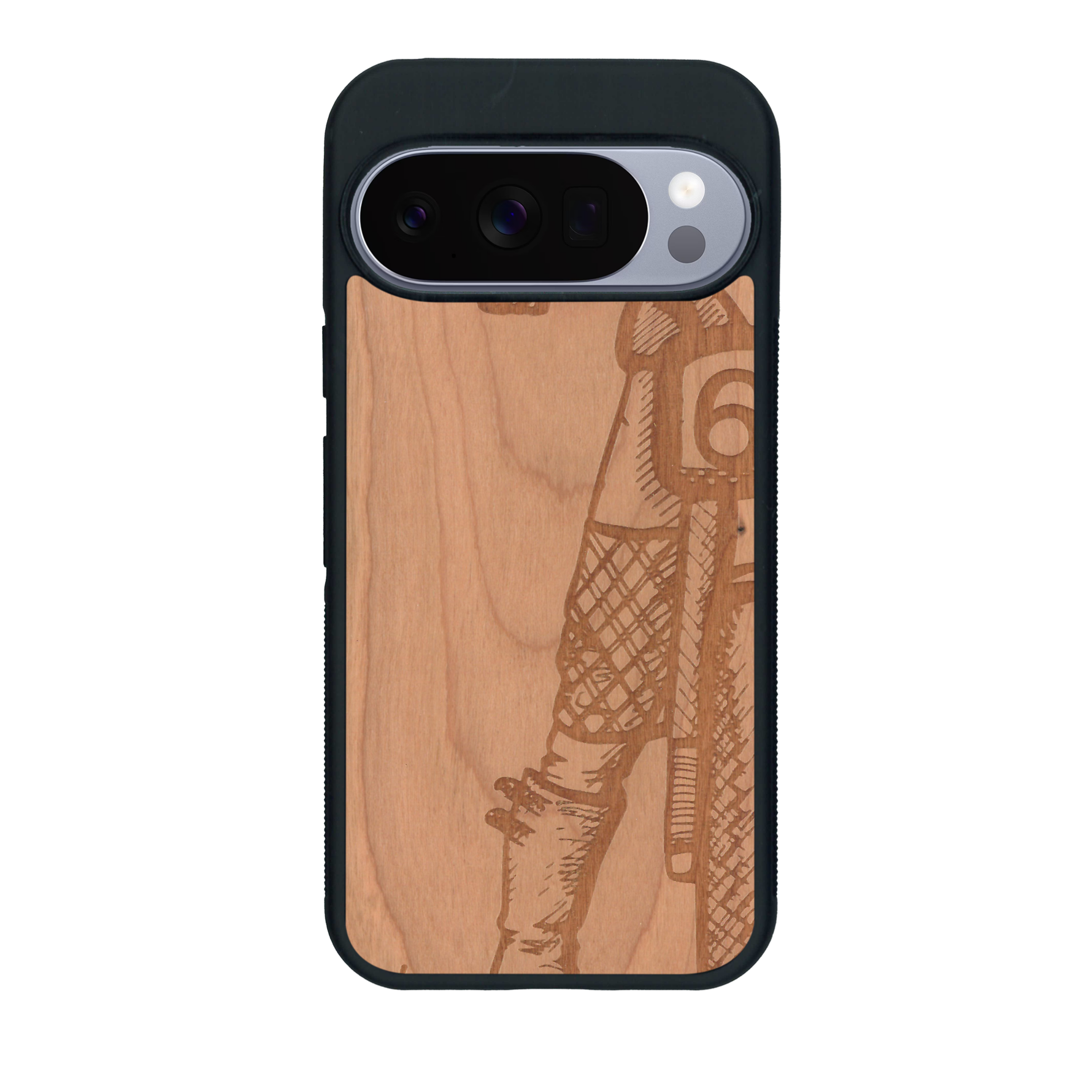 Coque de protection en bois véritable fabriquée en France pour Google Pixel 10 représentant une vue de face d'une femme sur une moto vintage dessinée à la main par l'artiste Maud Dabs
