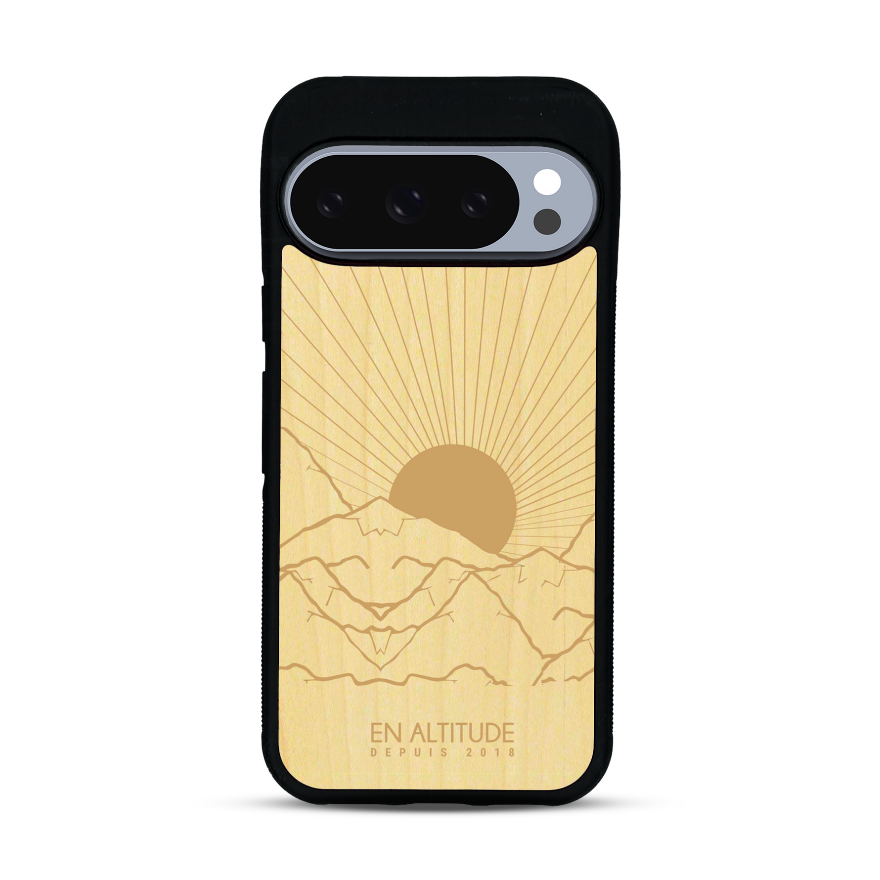 Coque de protection en bois véritable fabriquée en France pour  représentant des montagnes, sur le thème de la randonnée en pleine nature et du trail