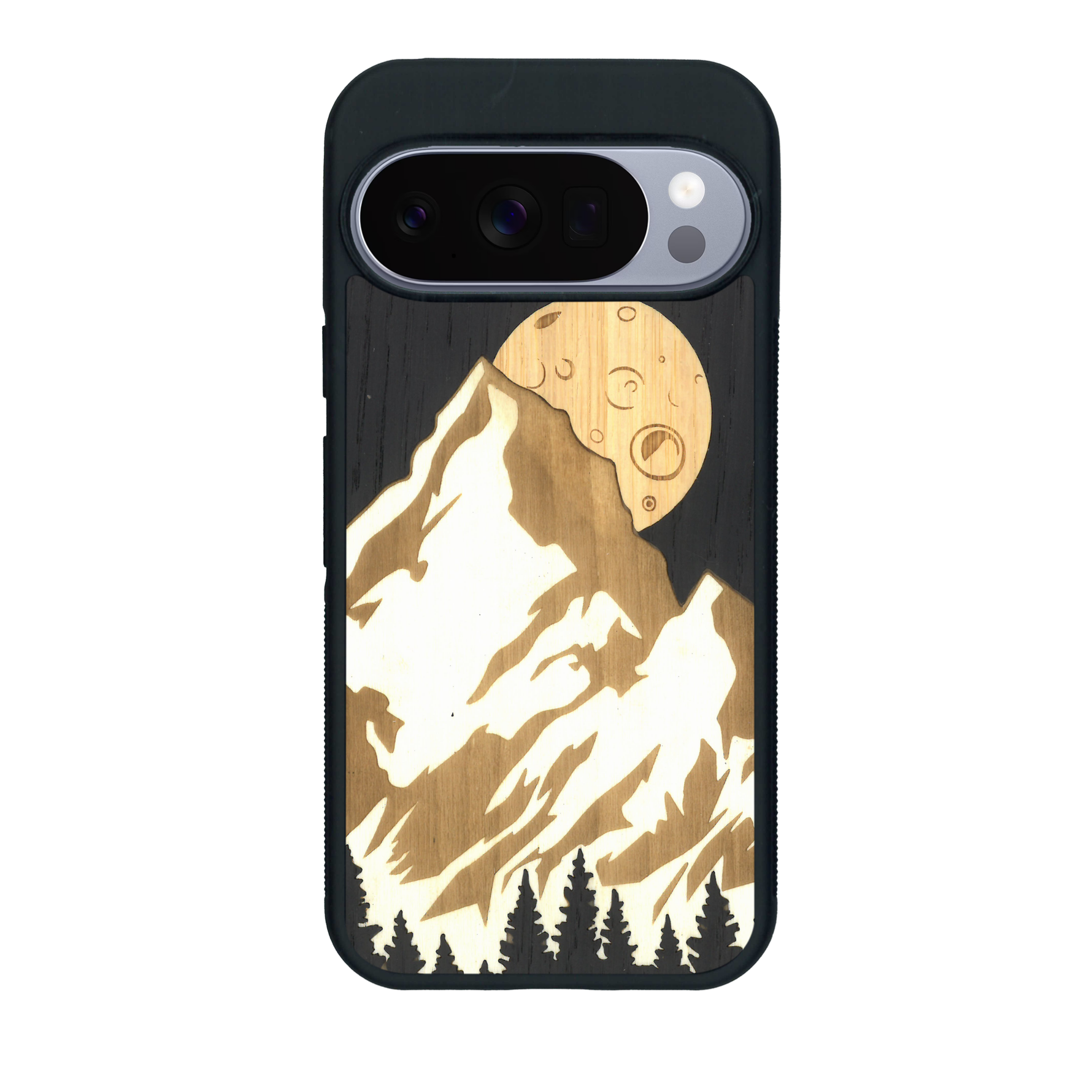 Coque de protection en bois véritable fabriquée en France pour Google Pixel 10 Pro alliant plusieurs essences de bois pour représenter le mont Everest