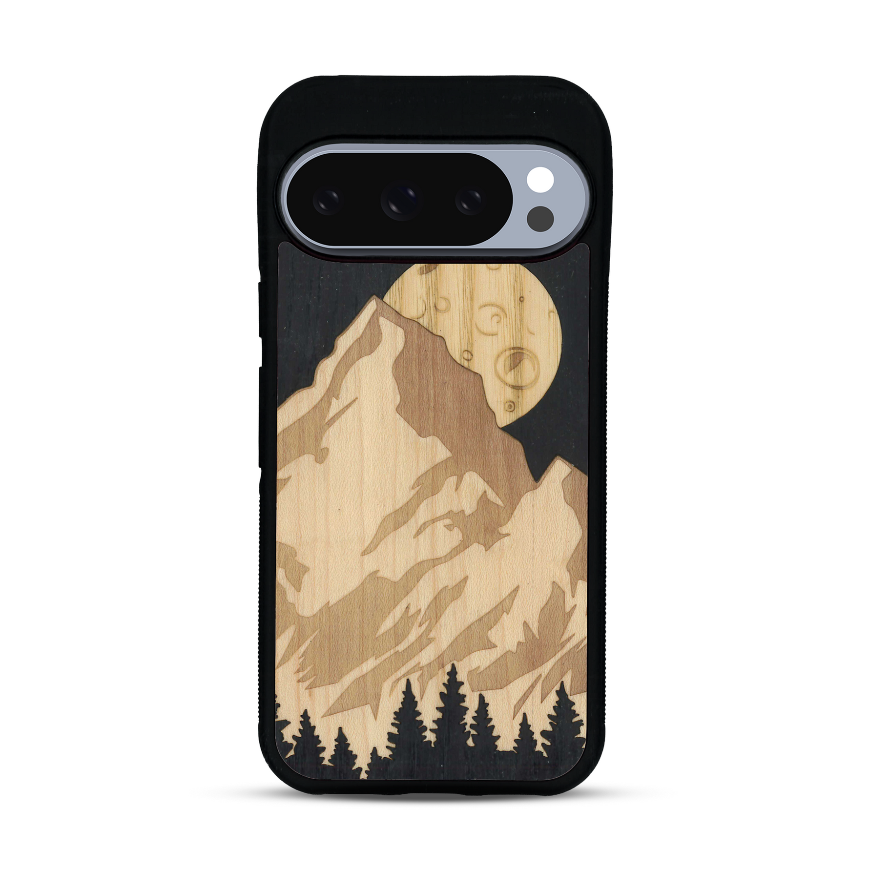 Coque de protection en bois véritable fabriquée en France pour  alliant plusieurs essences de bois pour représenter le mont Everest