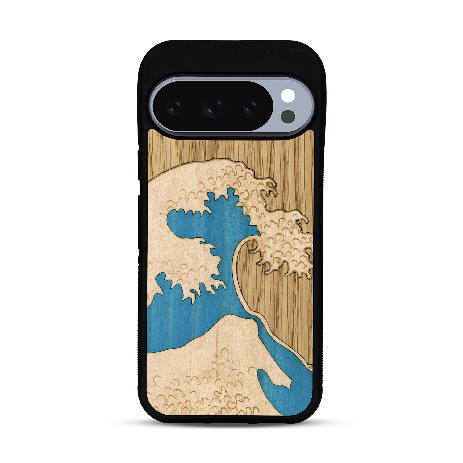 Coque de protection en bois véritable fabriquée en France pour  alliant plusieurs essences de bois pour représenter la célèbre grande vague de Kanagawa