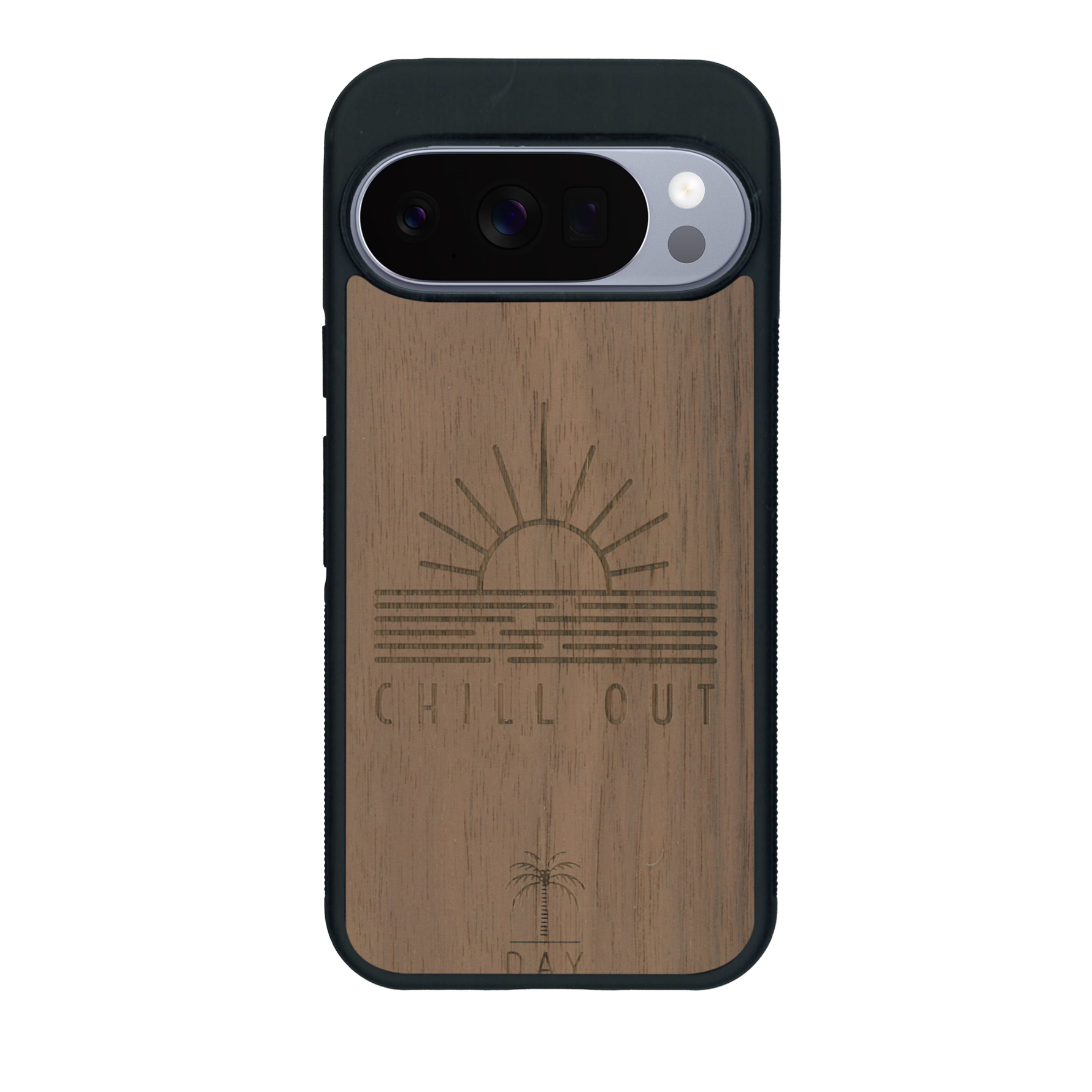 Coque de protection en bois véritable fabriquée en France pour Google Pixel 10 Pro sur le thème chill avec un motif représentant un couché de soleil sur l'océan et la phrase "Chill out"