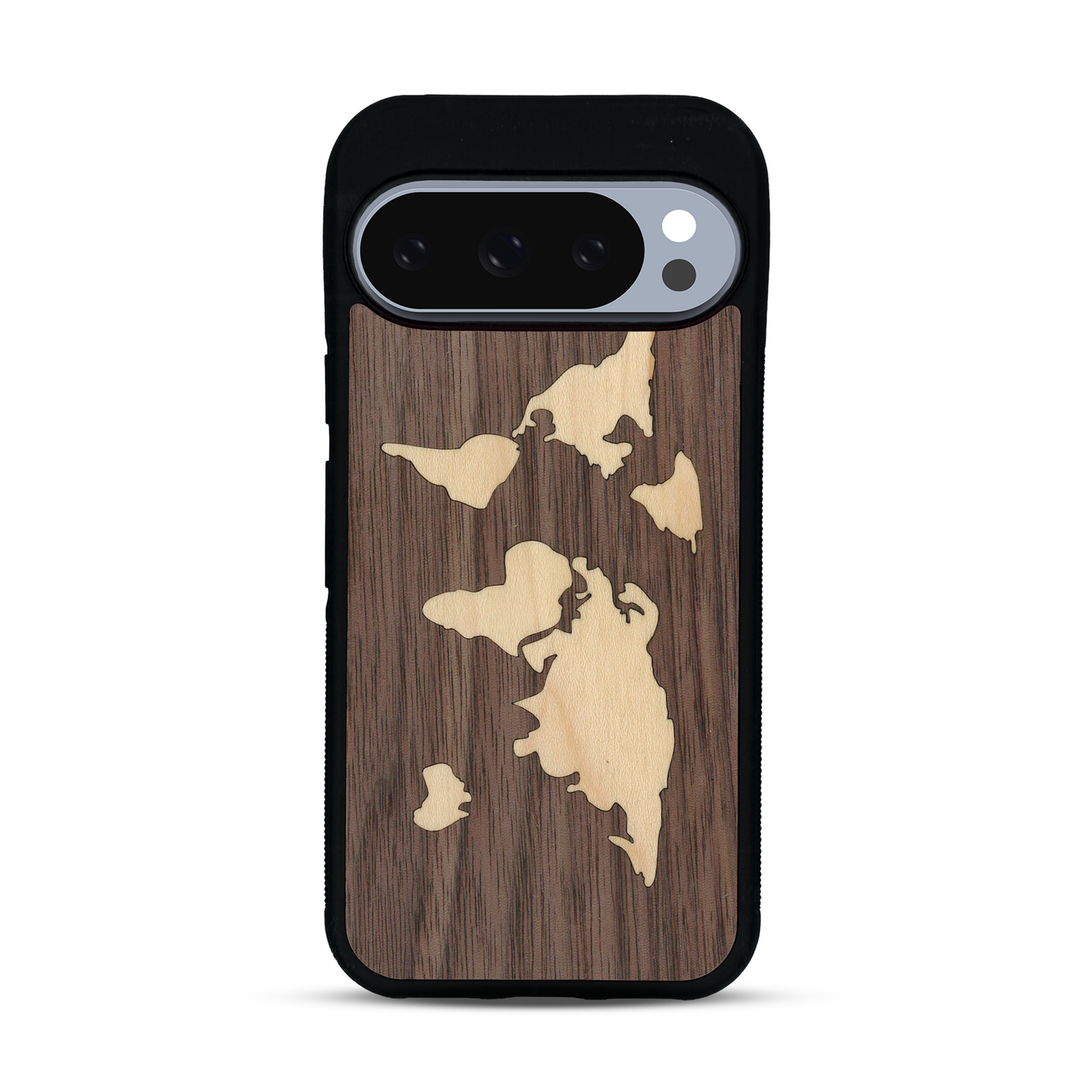 Coque de protection en bois véritable fabriquée en France pour  alliant du bambou et du noyer sur le thème du voyage et de l'aventure représentant une mappemonde