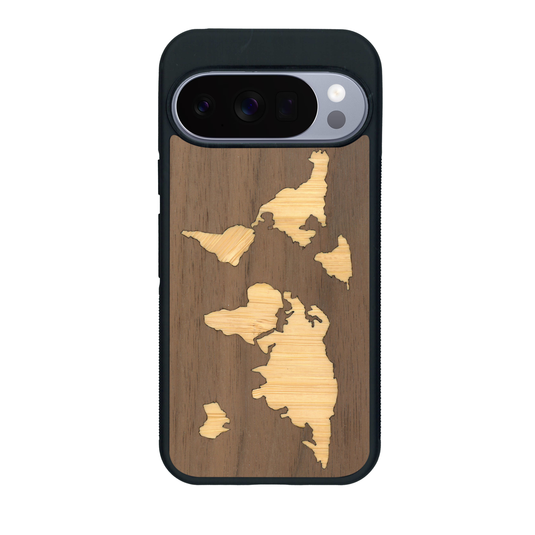Coque de protection en bois véritable fabriquée en France pour Google Pixel 10 Pro alliant du bambou et du noyer sur le thème du voyage et de l'aventure représentant une mappemonde