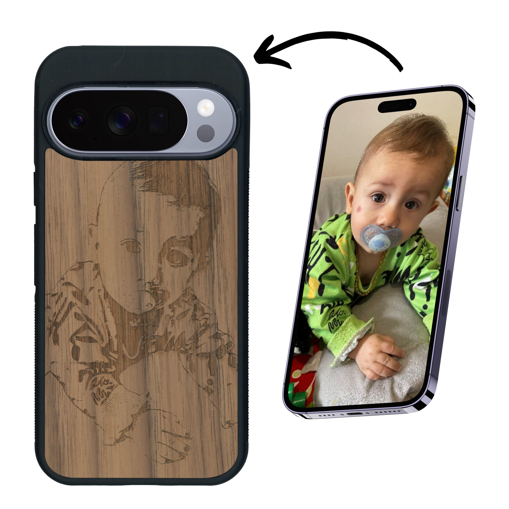 Coque de protection en bois véritable fabriquée en France pour Google Pixel 10 Pro avec gravure personnalisée à partir d'une photo, d'une image, d'un logo, des initials ou d'une phrase