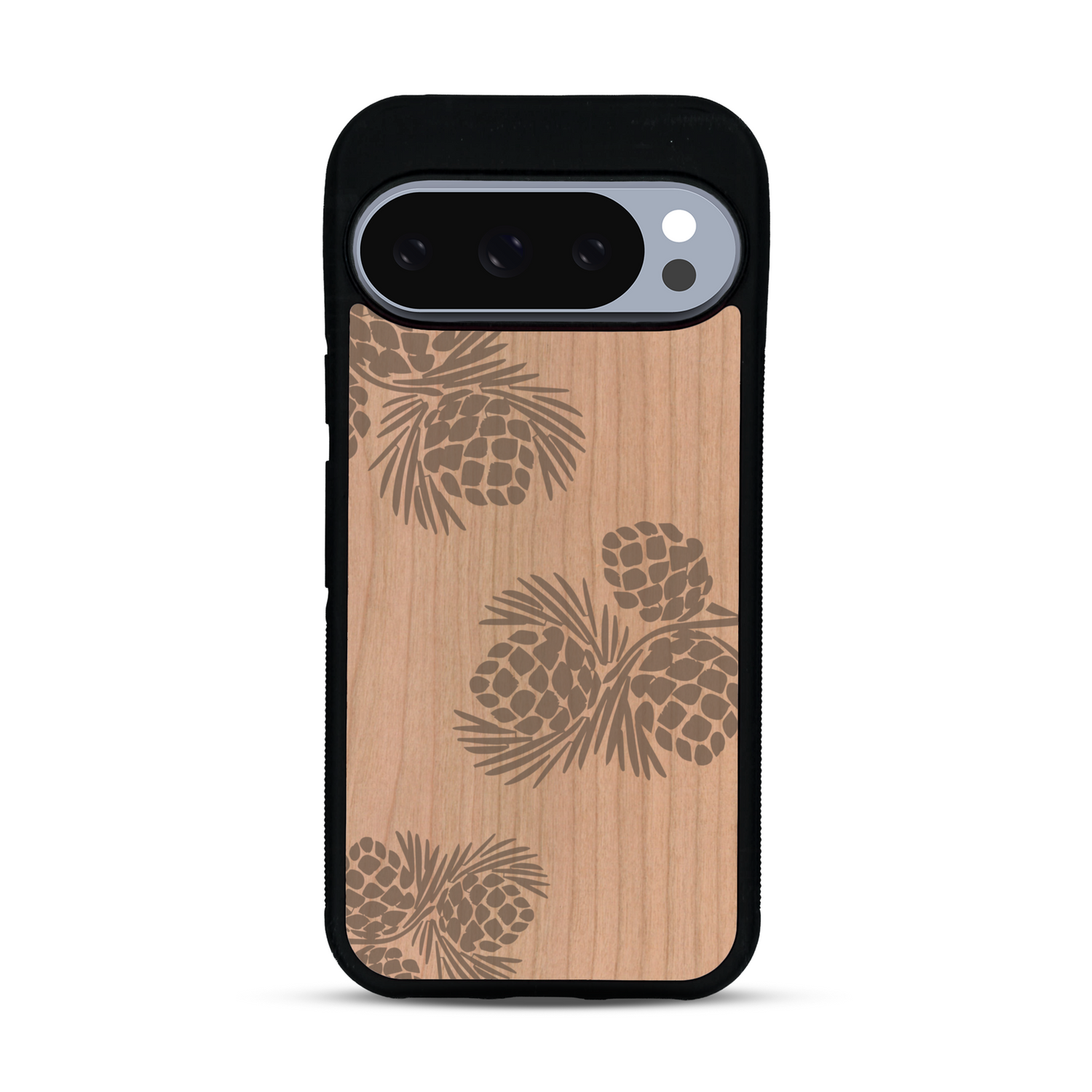 Coque de protection en bois véritable fabriquée en France pour  sur le thème de la nature des arbres avec un motif de gravure représentant des épines de sapin et des pommes de pin
