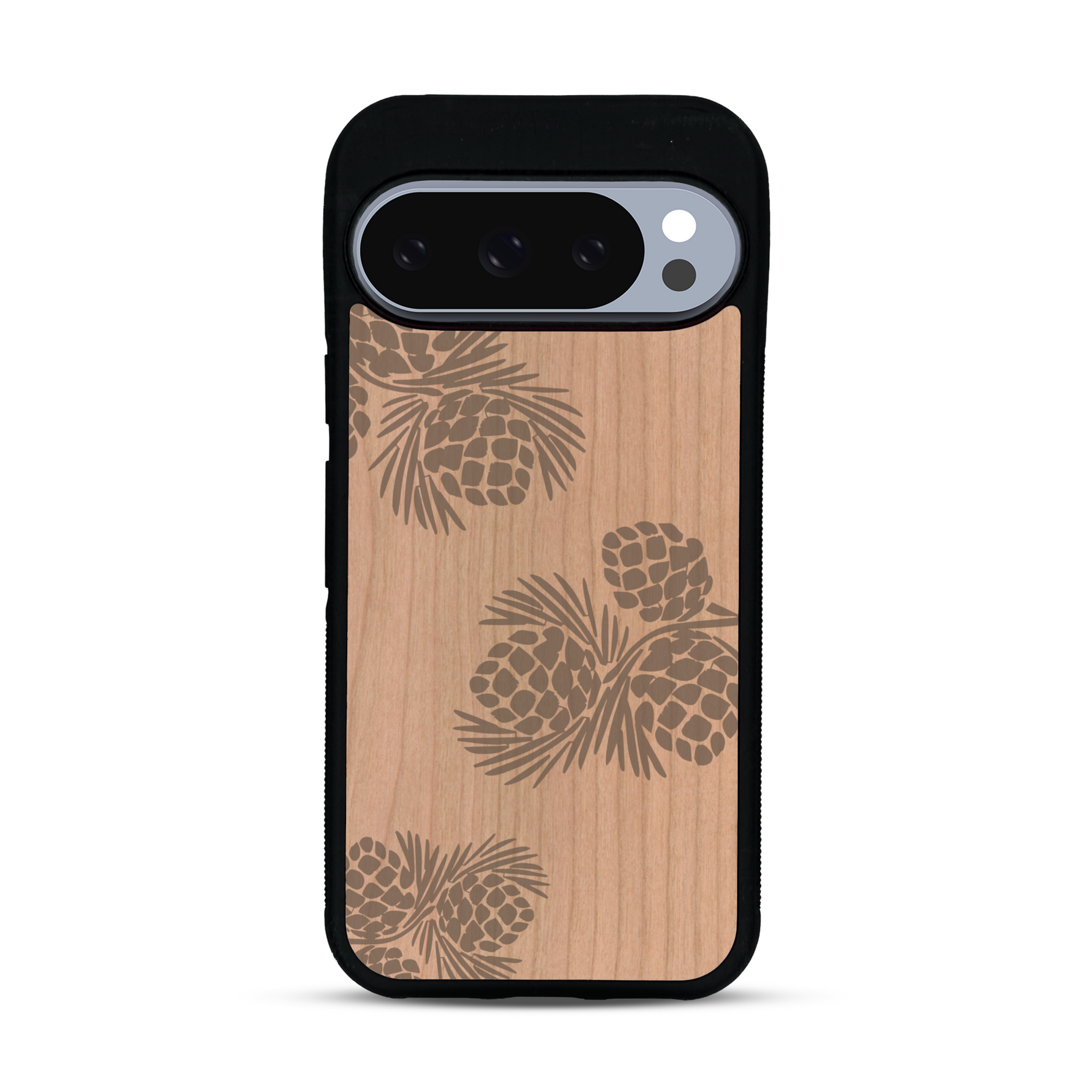 Coque de protection en bois véritable fabriquée en France pour  sur le thème de la nature des arbres avec un motif de gravure représentant des épines de sapin et des pommes de pin
