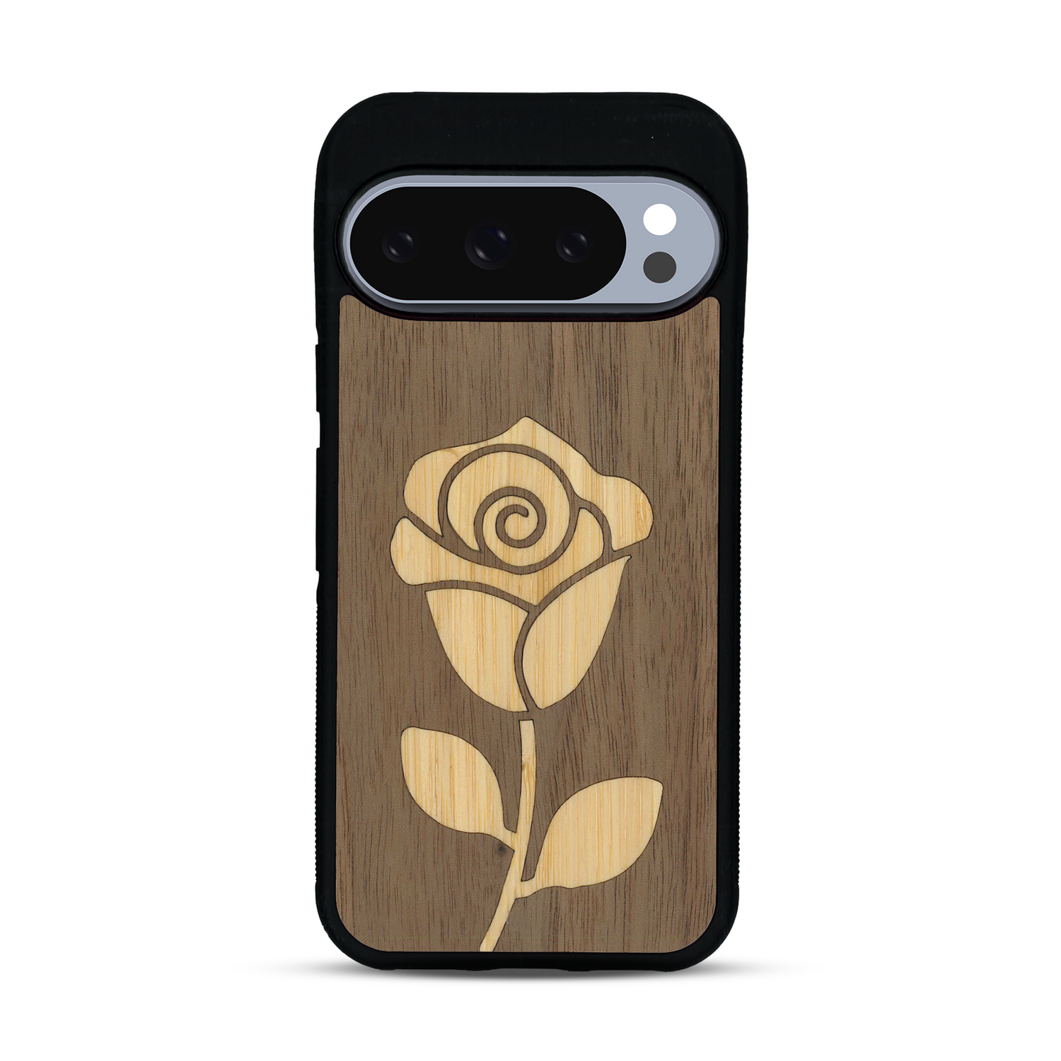Coque de protection en bois véritable fabriquée en France pour  alliant plusieurs essences de bois pour représenter une rose