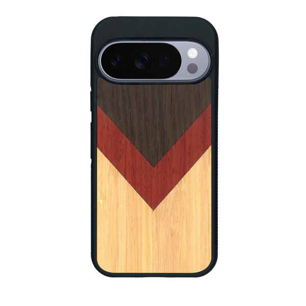 Coque de protection en bois véritable fabriquée en France pour Google Pixel 10 Pro alliant du chêne fumé, du padouk et du bambou en forme de chevron sur le thème de l'art abstrait