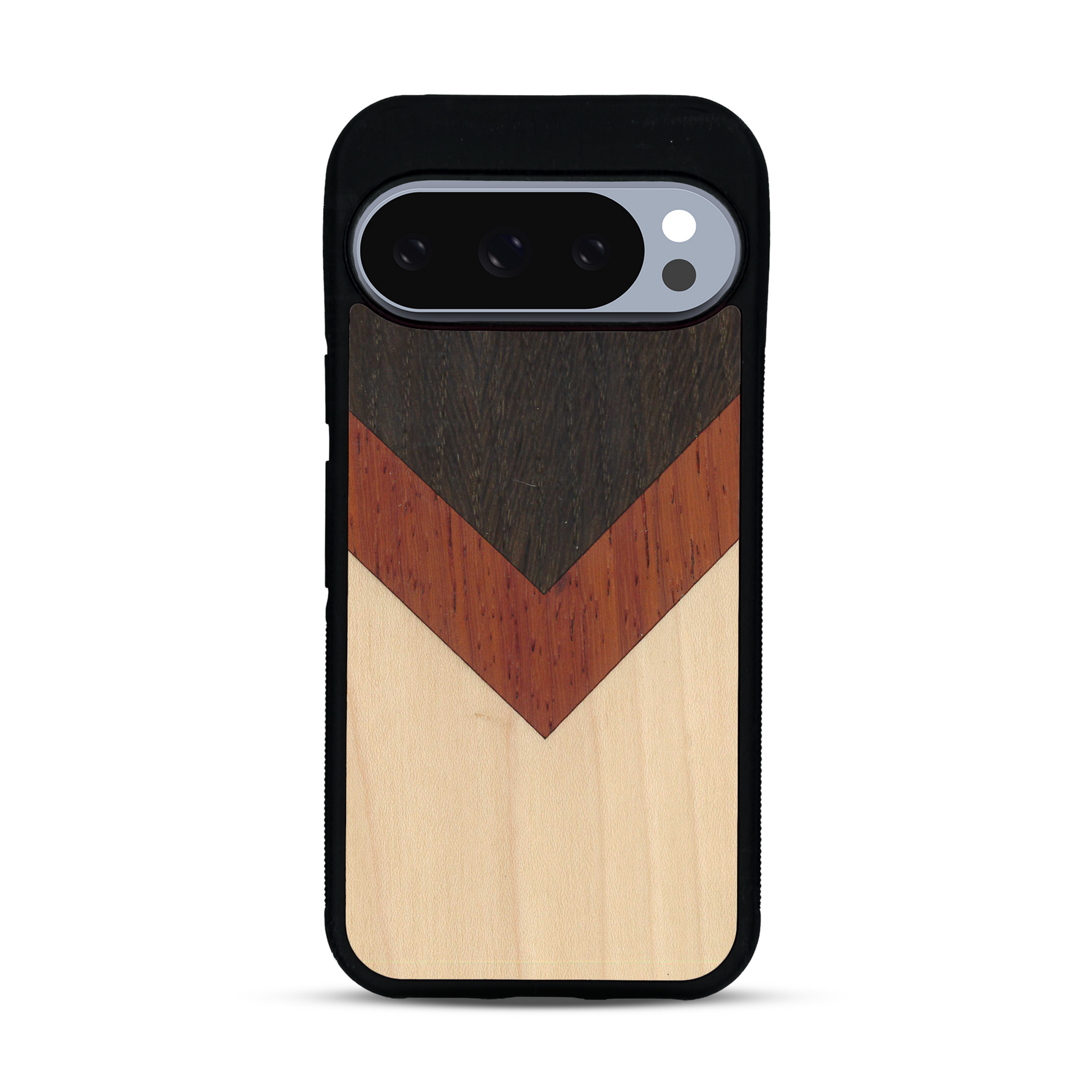 Coque de protection en bois véritable fabriquée en France pour  alliant du chêne fumé, du padouk et du bambou en forme de chevron sur le thème de l'art abstrait