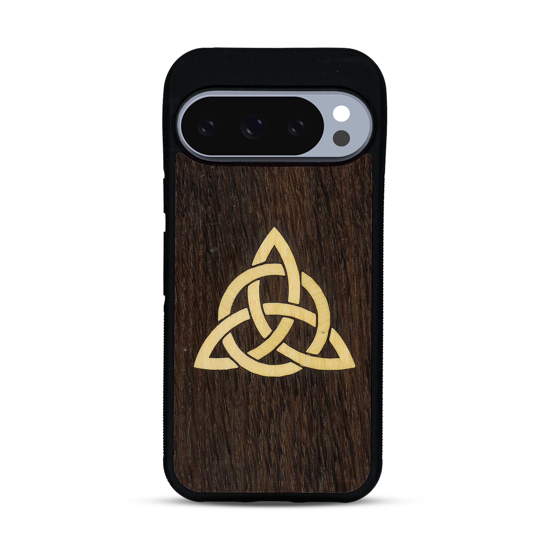 Coque de protection en bois véritable fabriquée en France pour  alliant du chêne fumé et du bambou représentant une triquetra