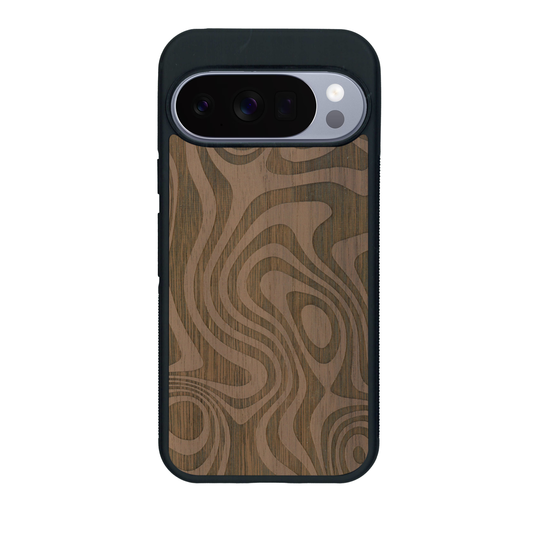 Coque de protection en bois véritable fabriquée en France pour Google Pixel 10 Pro avec un motif abstrait représentant les mouvements de l'eau